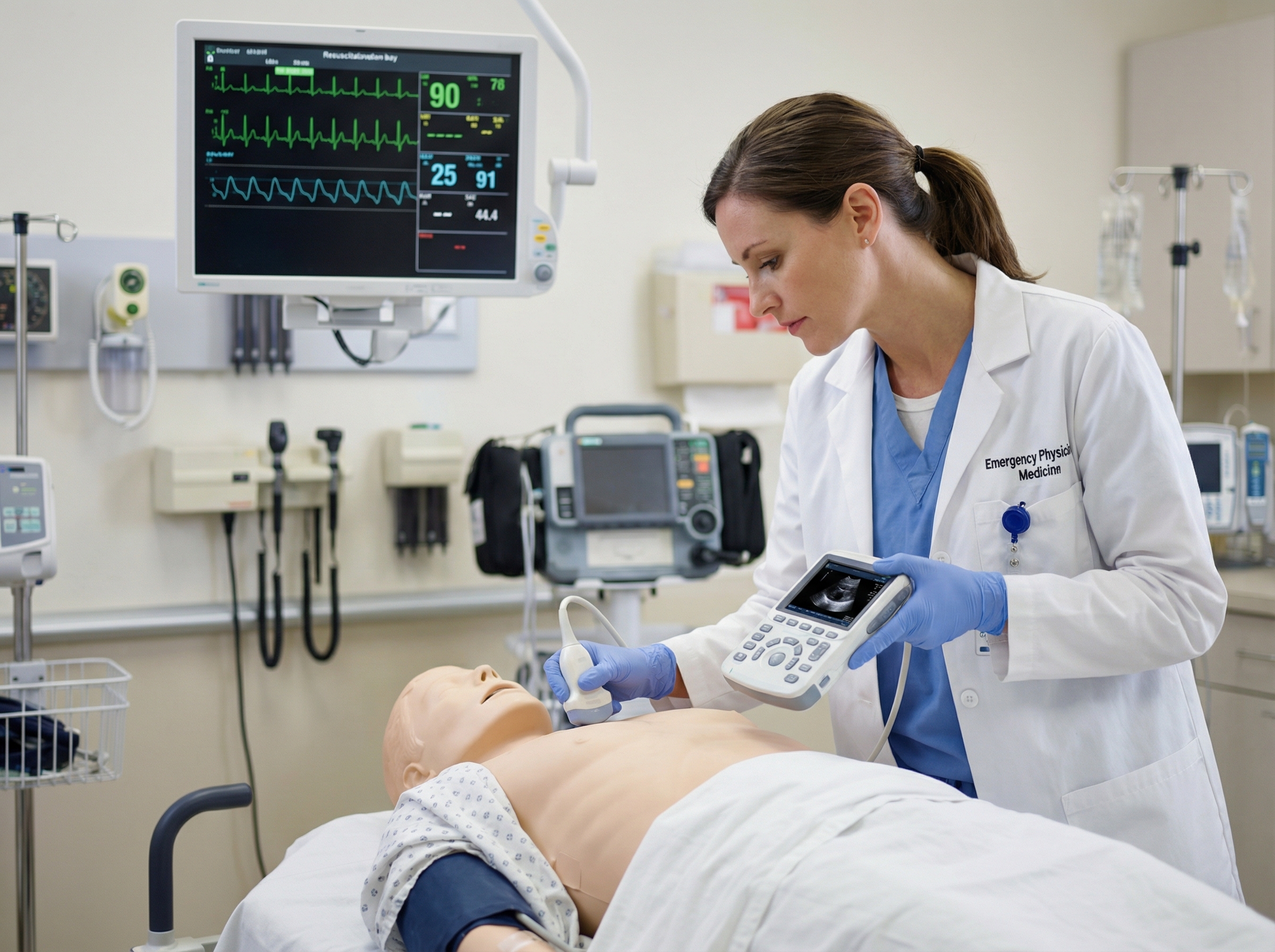 Emergency physician performing point-of-care ultrasound during cardiac arrest simulation