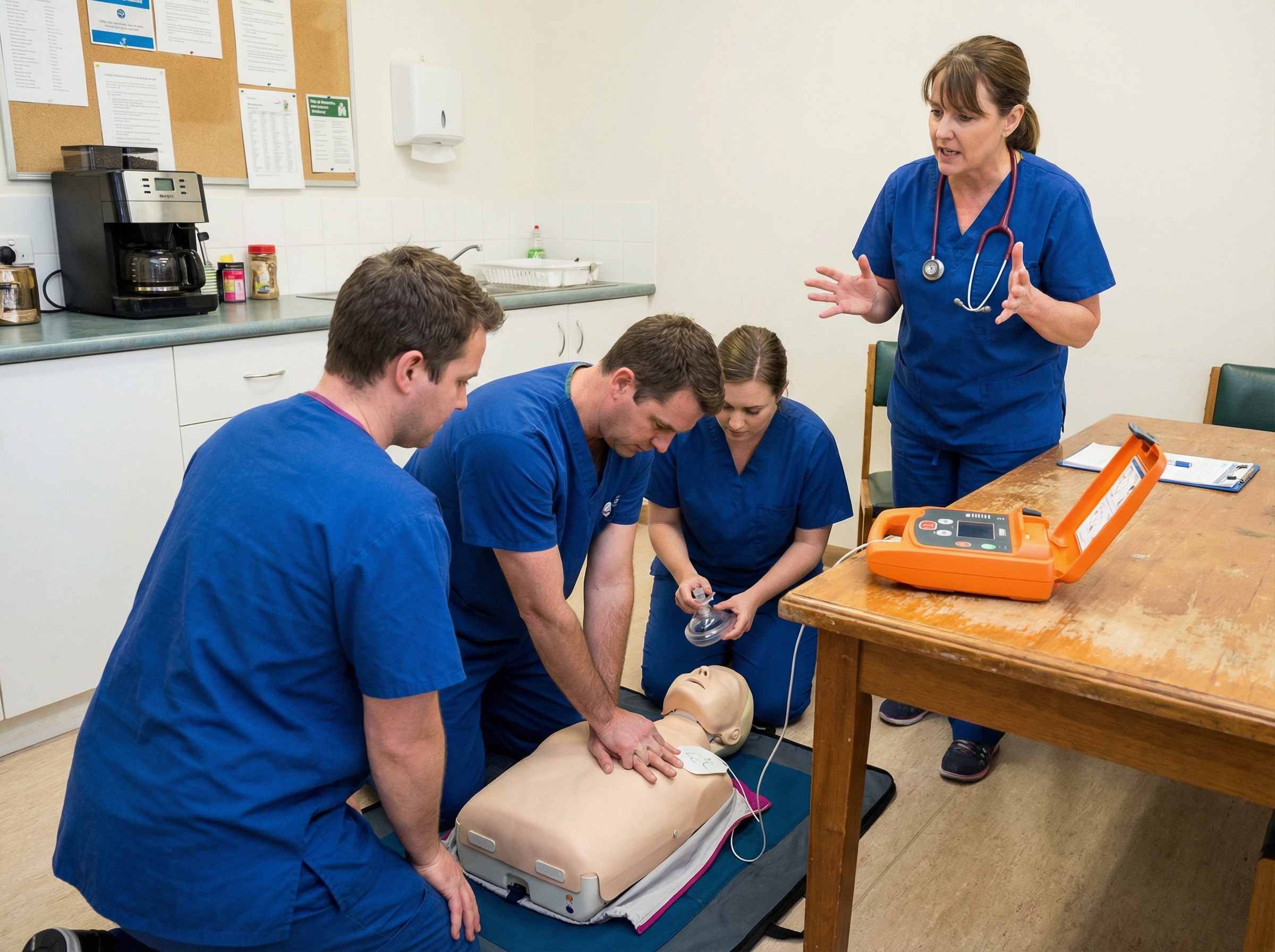 Rural emergency department team practicing ACLS code simulation with CPR mannequin