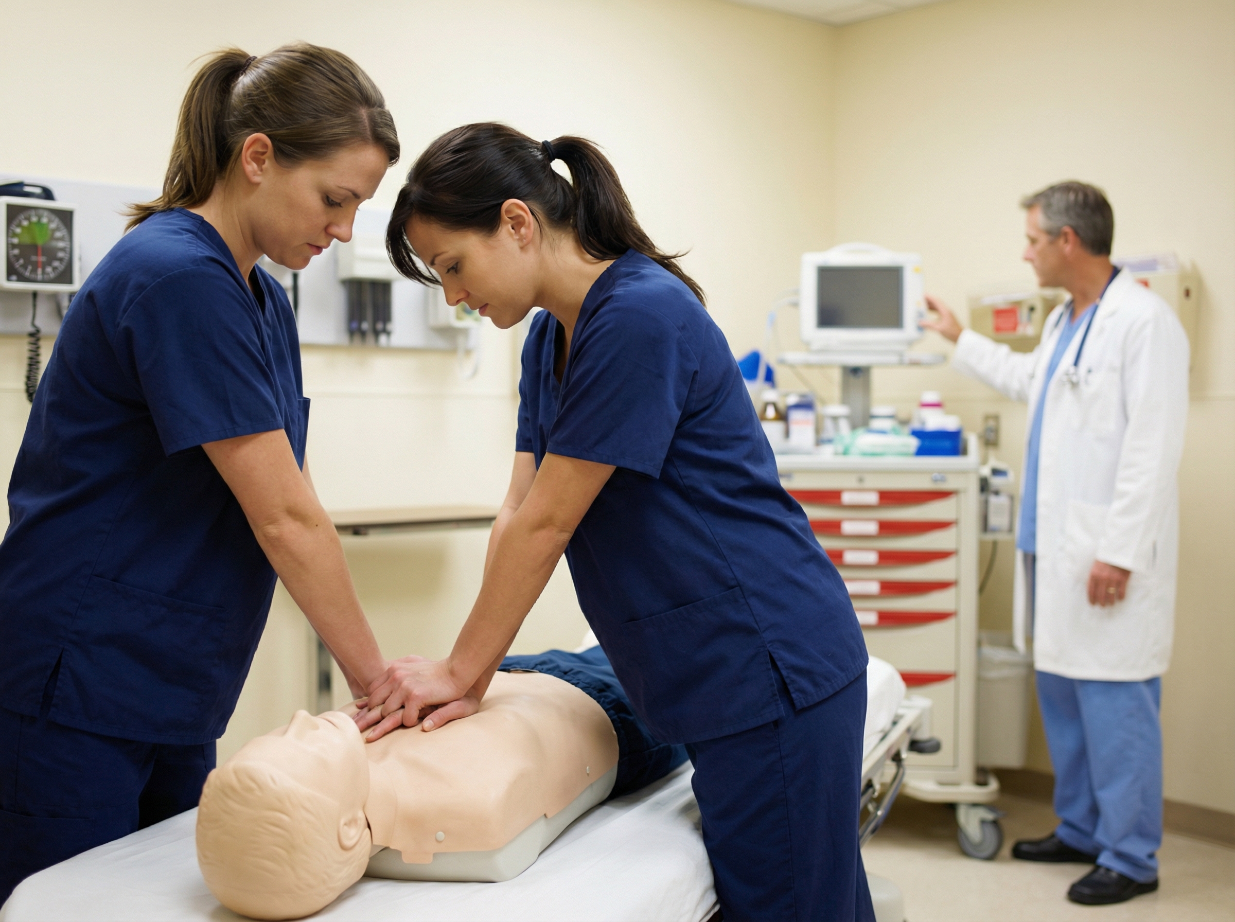 Rural emergency department nurses performing CPR on a patient during a resuscitation