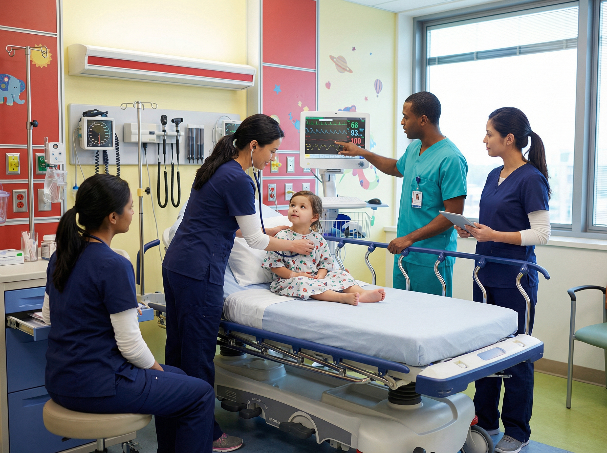 Healthcare team performing rapid PALS assessment of a child in the pediatric emergency department