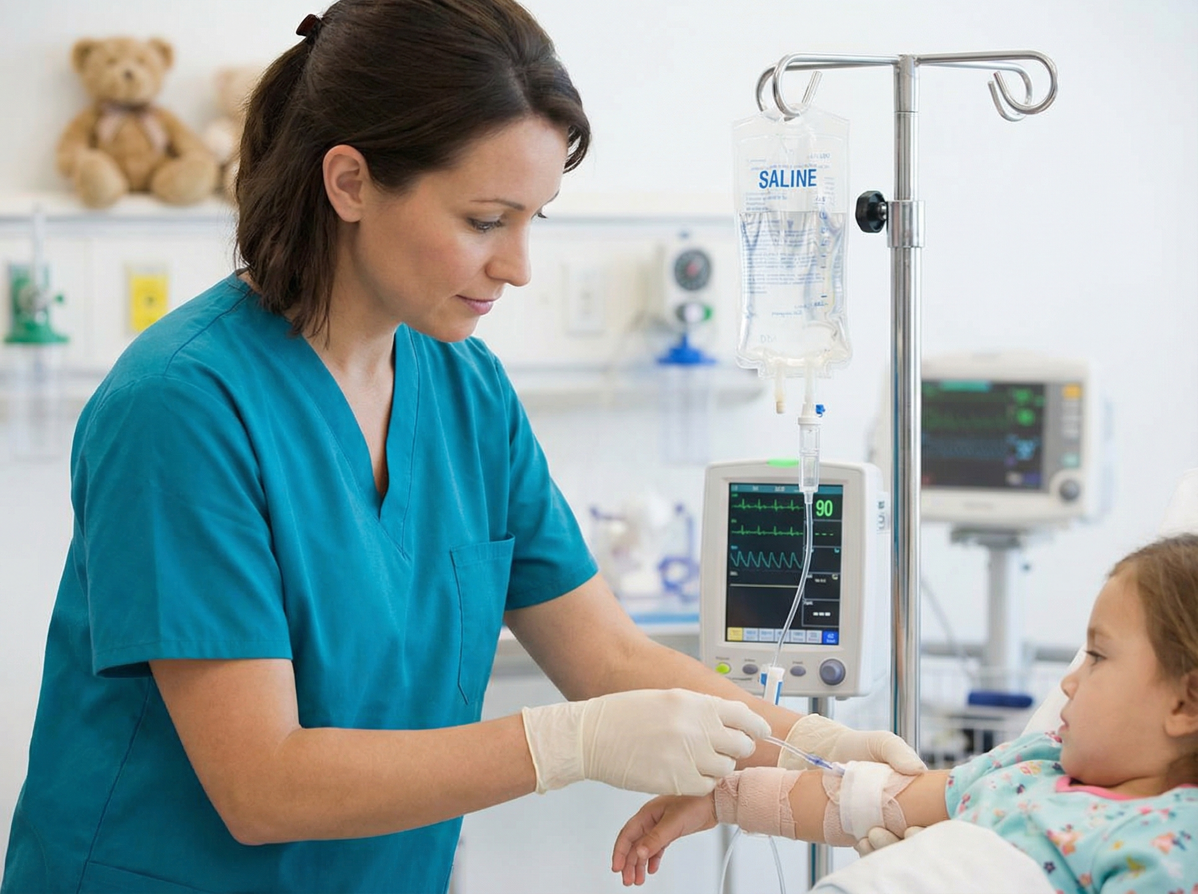 Pediatric nurse administering IV fluid resuscitation to a child patient in a hospital setting