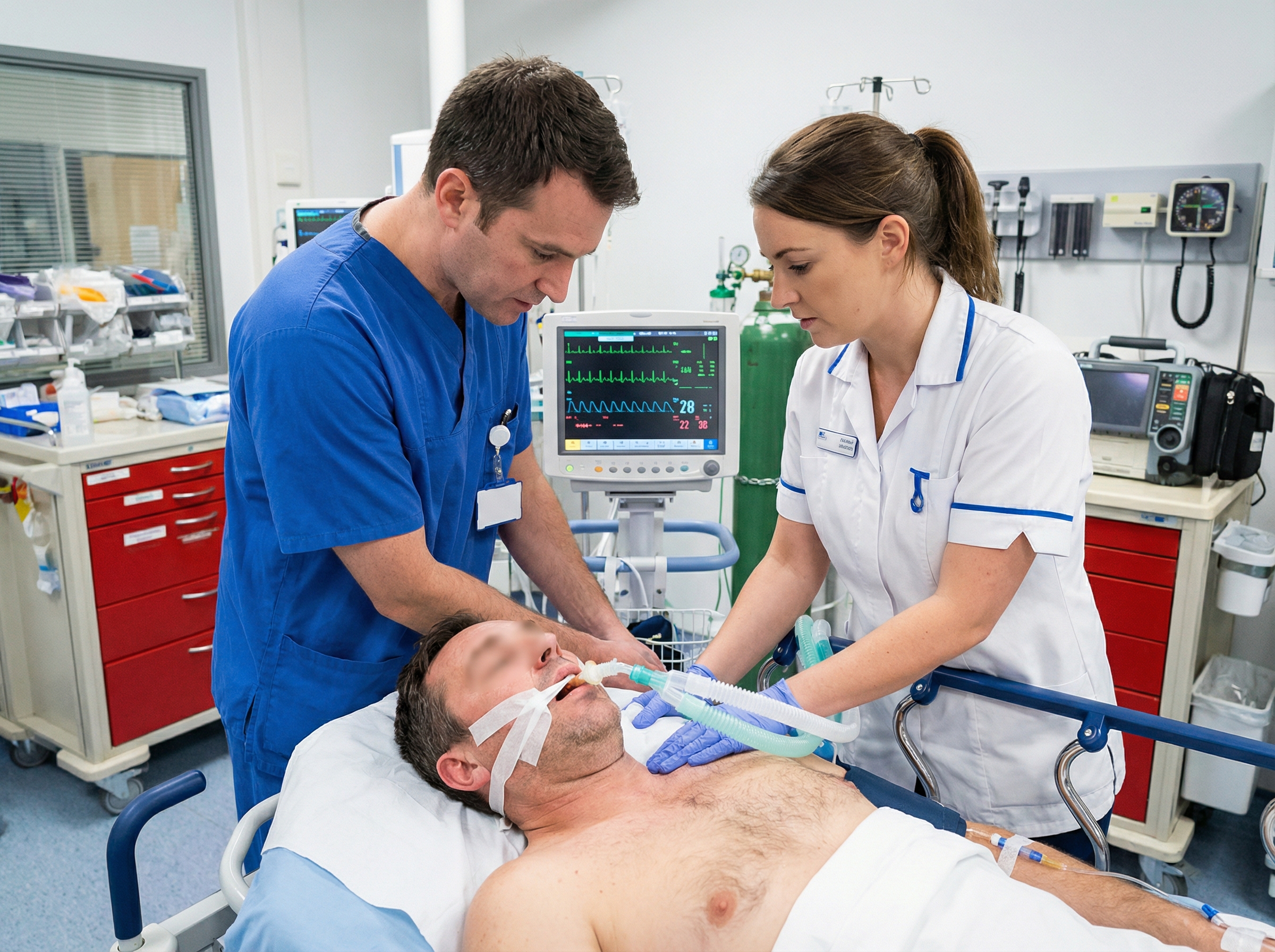 Emergency team managing intubated drowning victim with cardiac monitoring in the emergency department