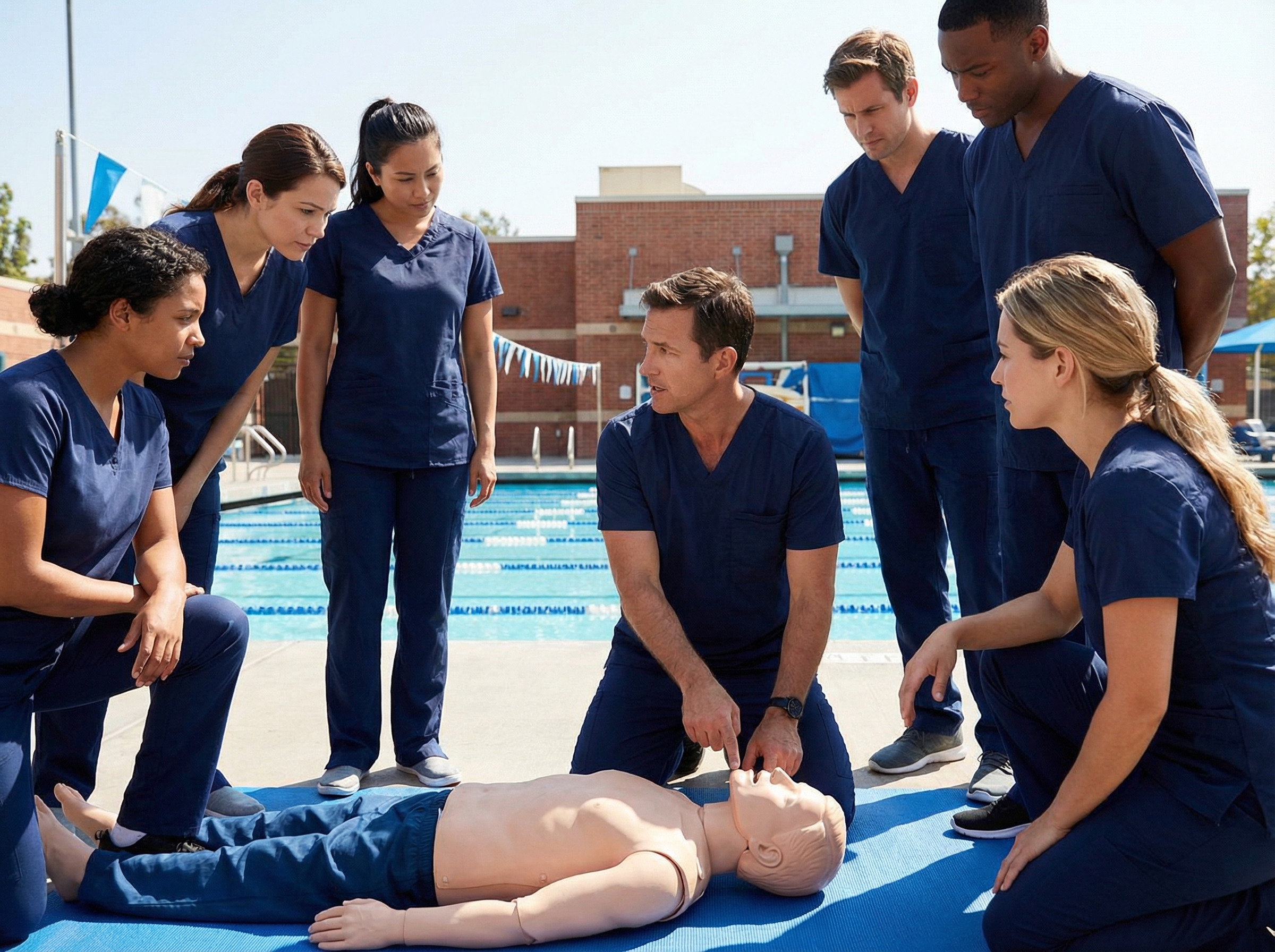 Healthcare team practicing drowning resuscitation rescue breaths on a training mannequin at poolside