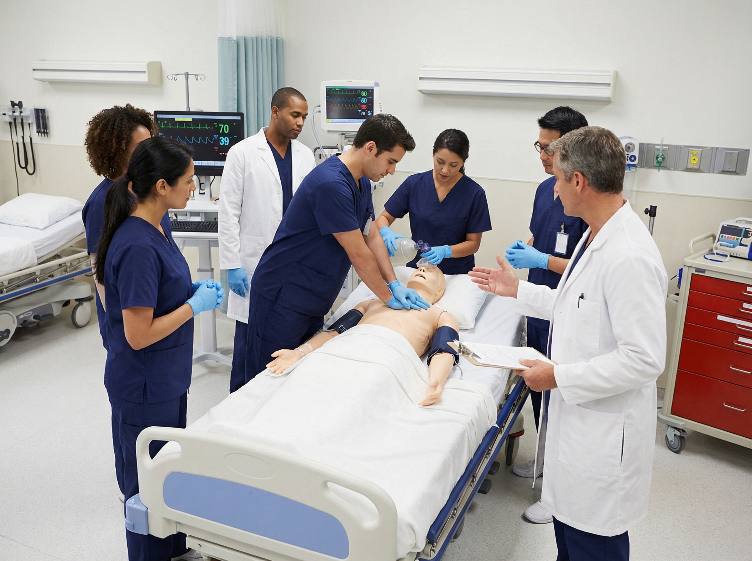 Healthcare team performing mock code CPR drill on simulation manikin in hospital setting