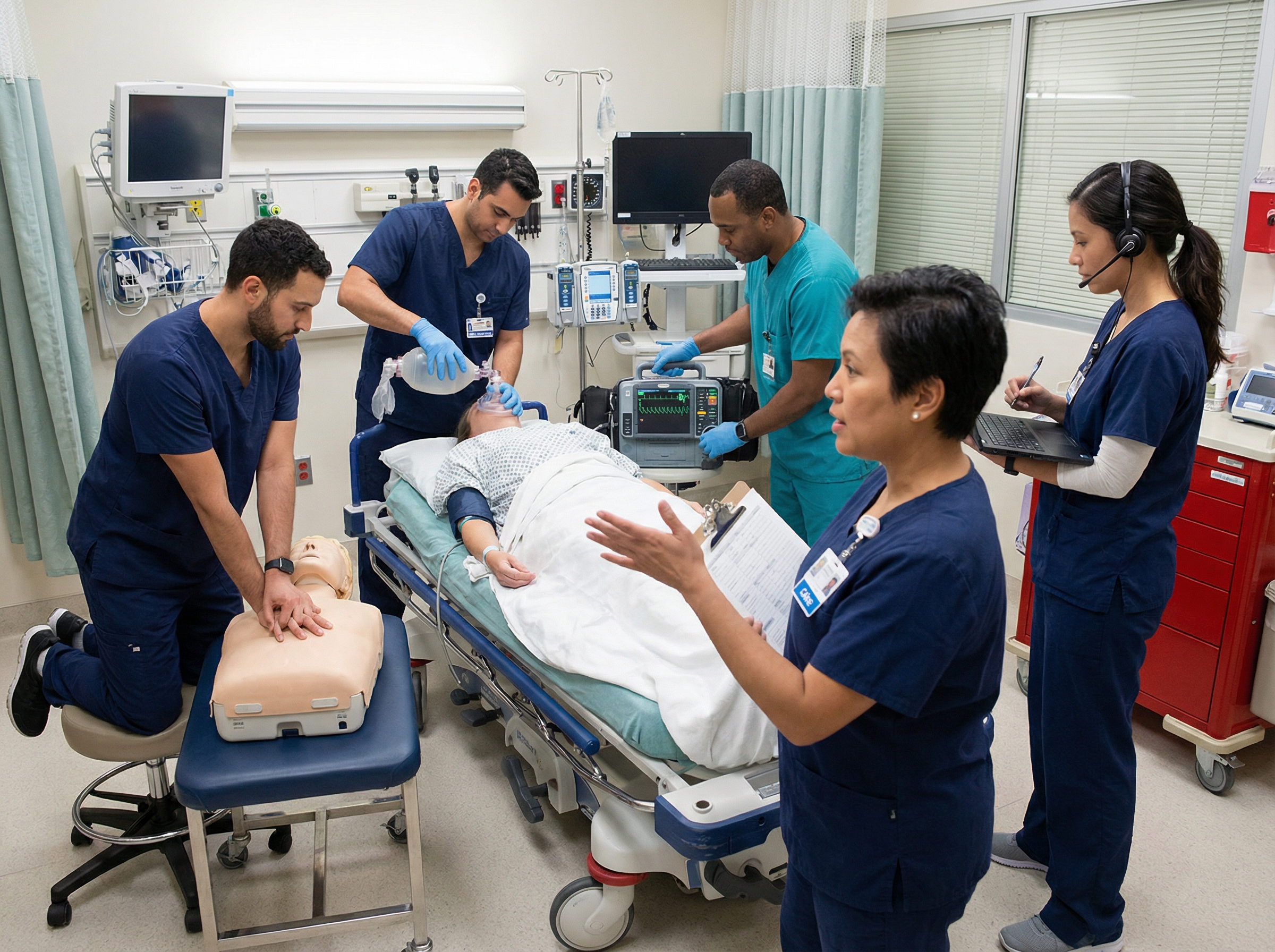 High-performance resuscitation team performing coordinated CPR in a hospital emergency department