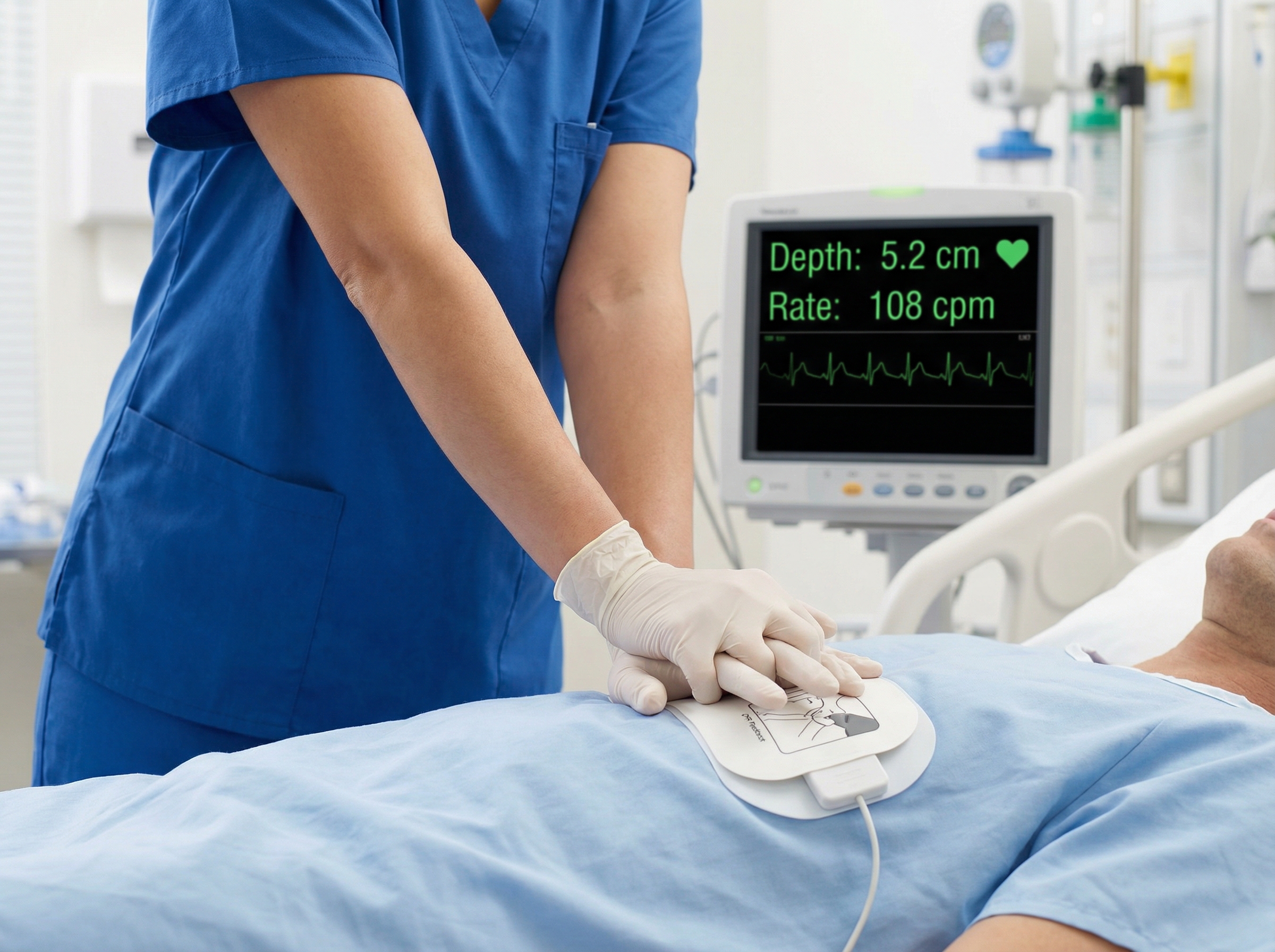 Healthcare provider performing chest compressions with real-time CPR quality feedback device showing depth and rate metrics