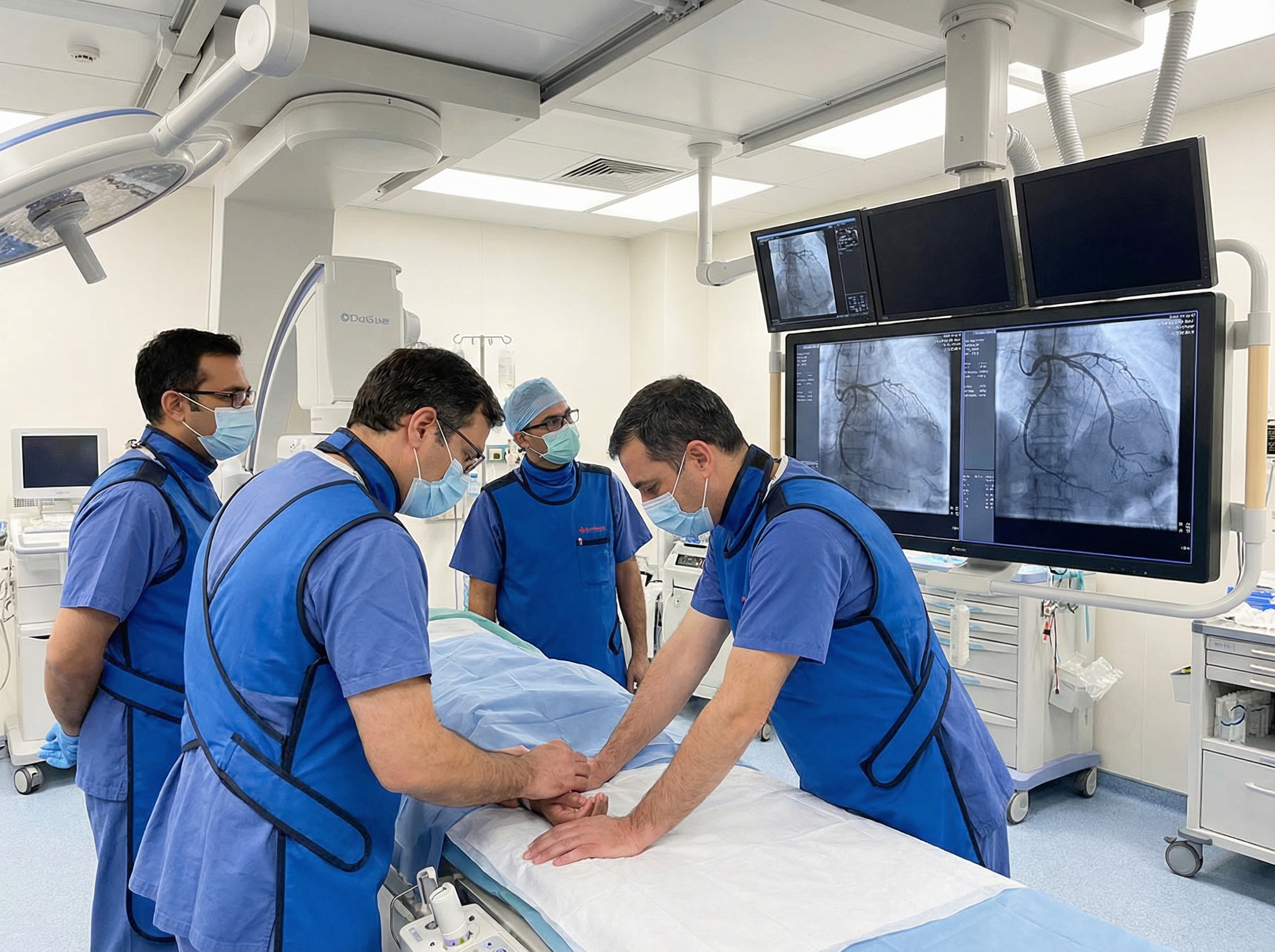 Cardiac catheterization lab team managing a patient during an interventional procedure with fluoroscopy monitors in the background