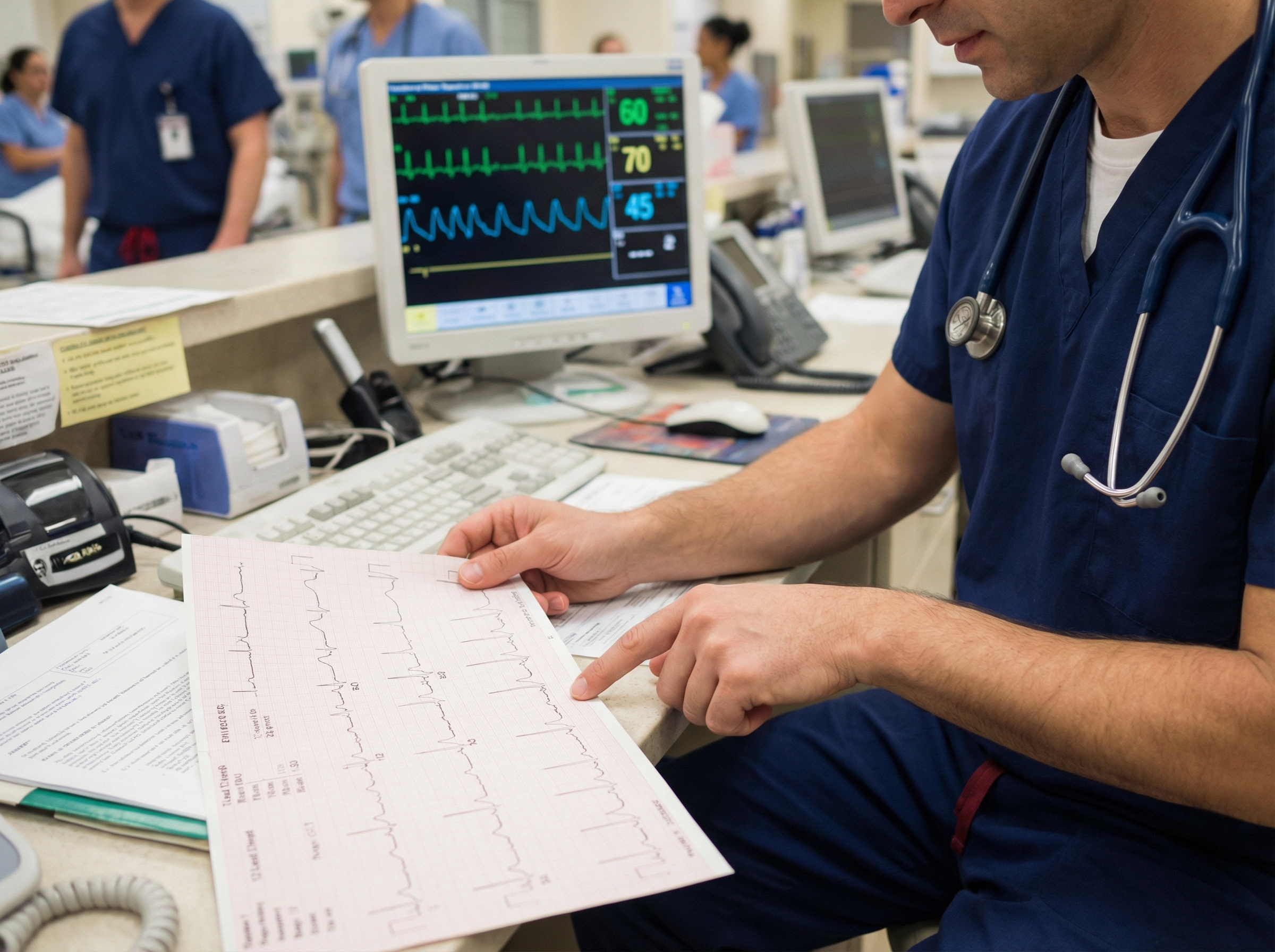 Emergency physician reviewing ECG showing hyperkalemia-related peaked T wave changes