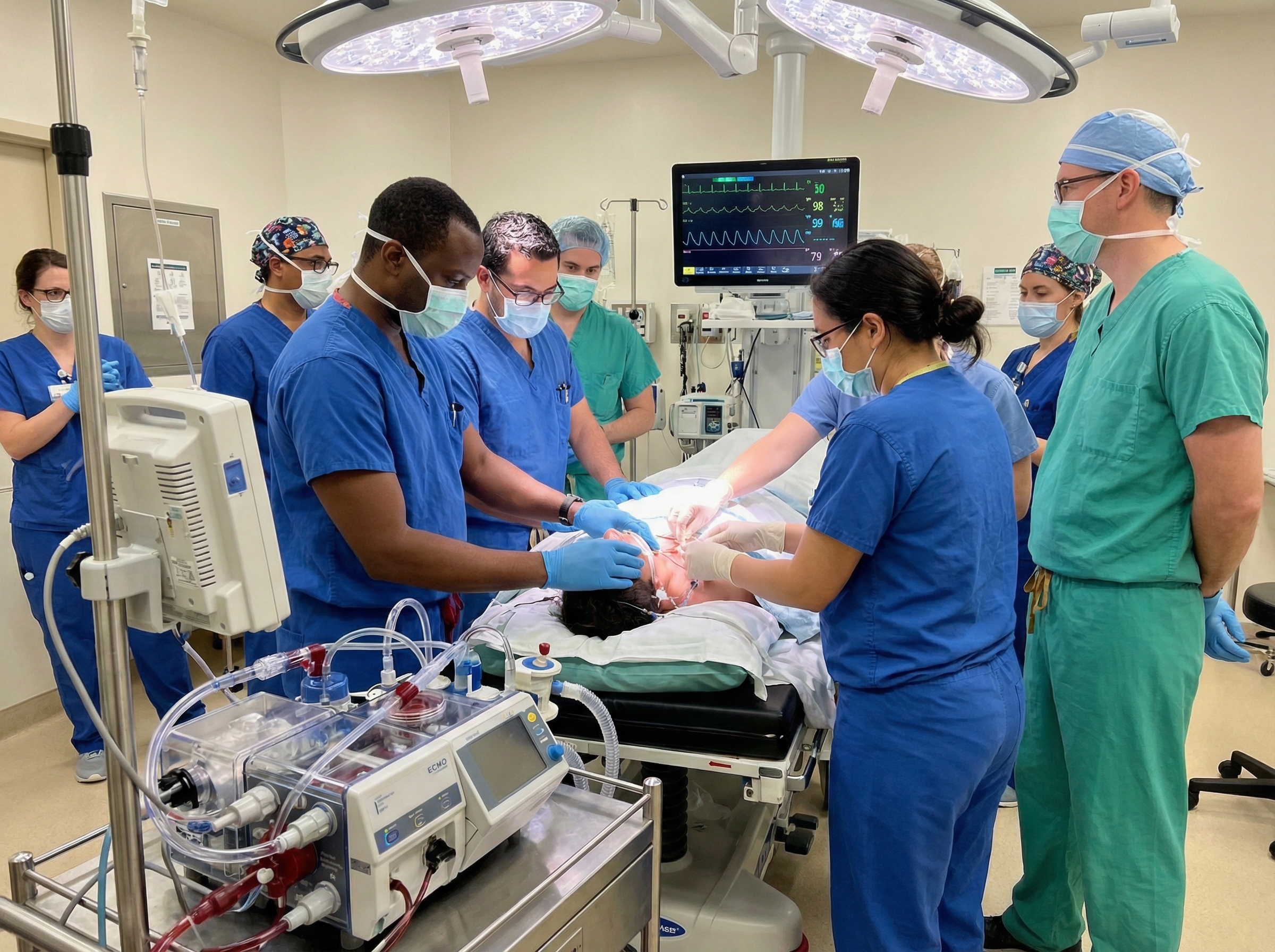 Emergency medical team performing ECPR with ECMO equipment during cardiac resuscitation