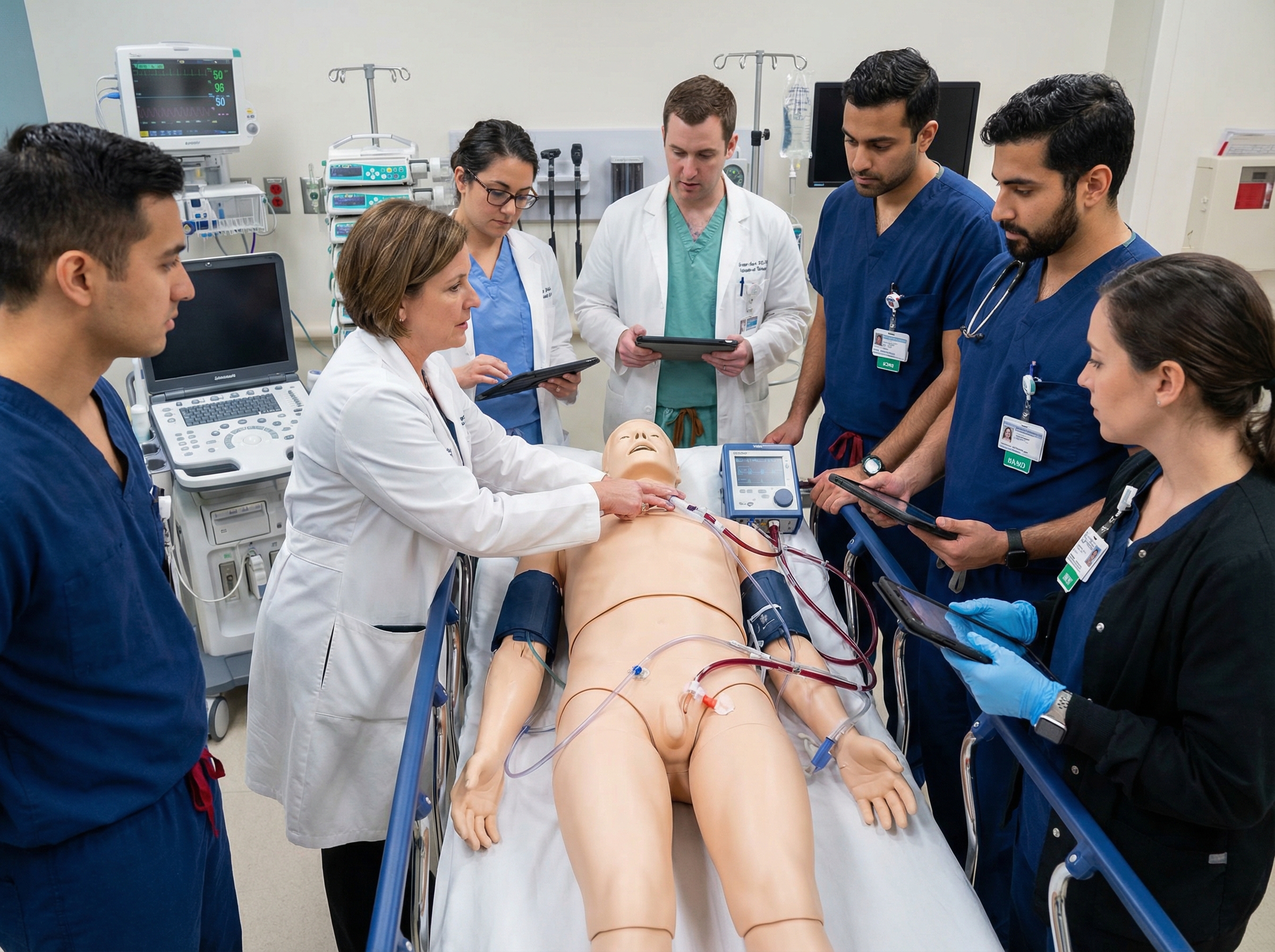 Clinical educator teaching ECMO circuit setup to healthcare team during ECPR training simulation