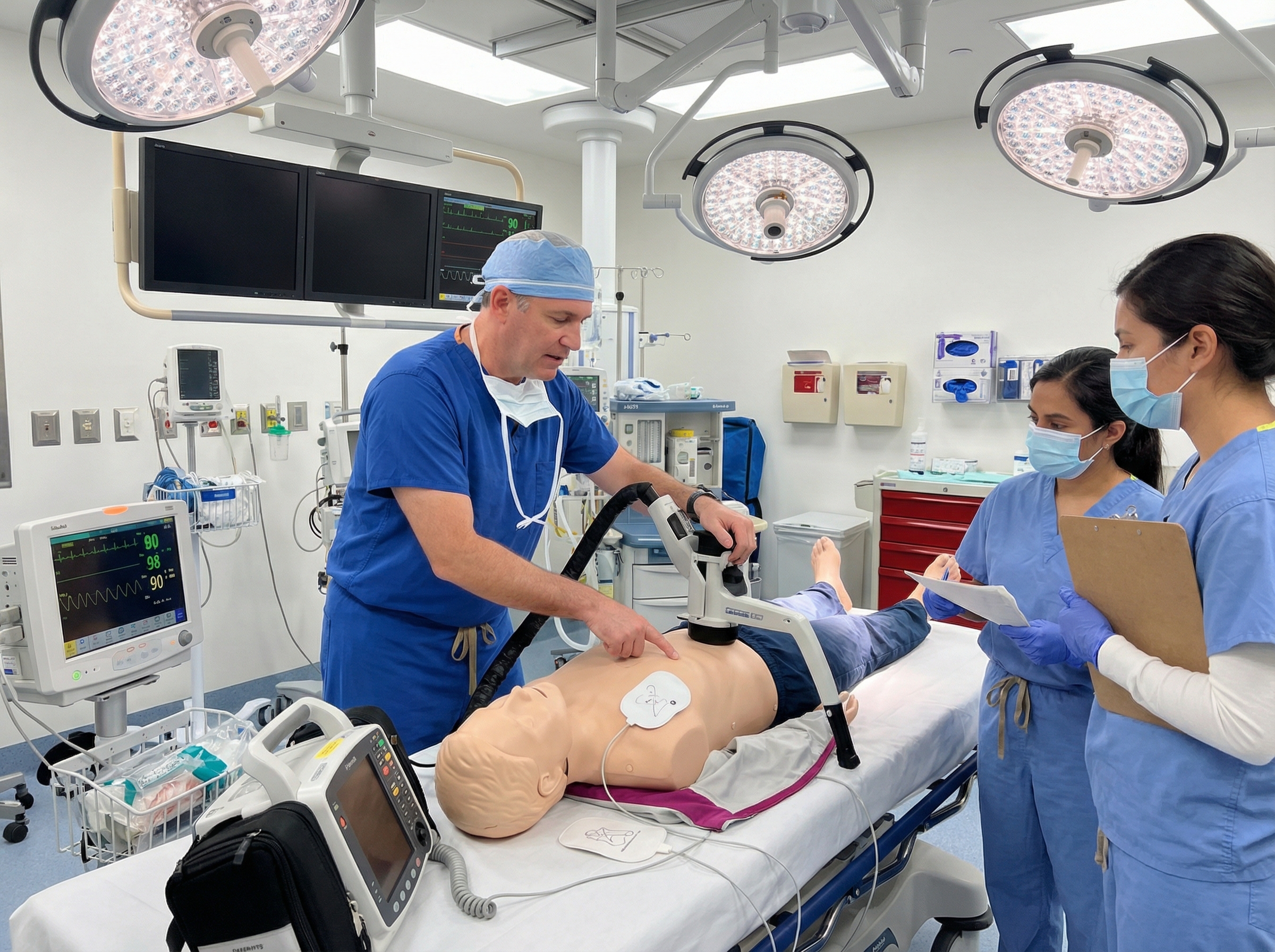Medical instructor demonstrating mechanical chest compression device use during a cath lab resuscitation training scenario