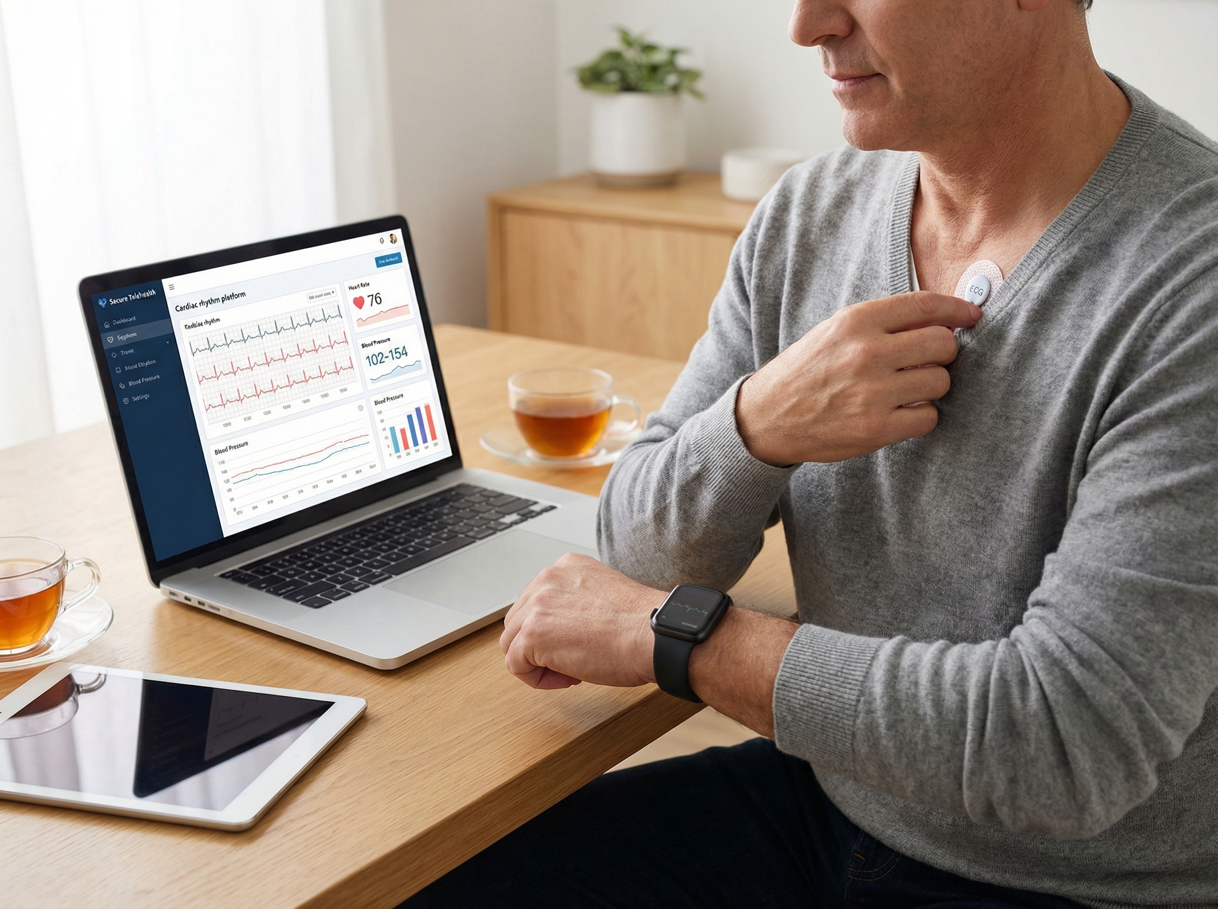 Patient using wearable cardiac monitoring devices at home connected to a remote patient monitoring telehealth platform