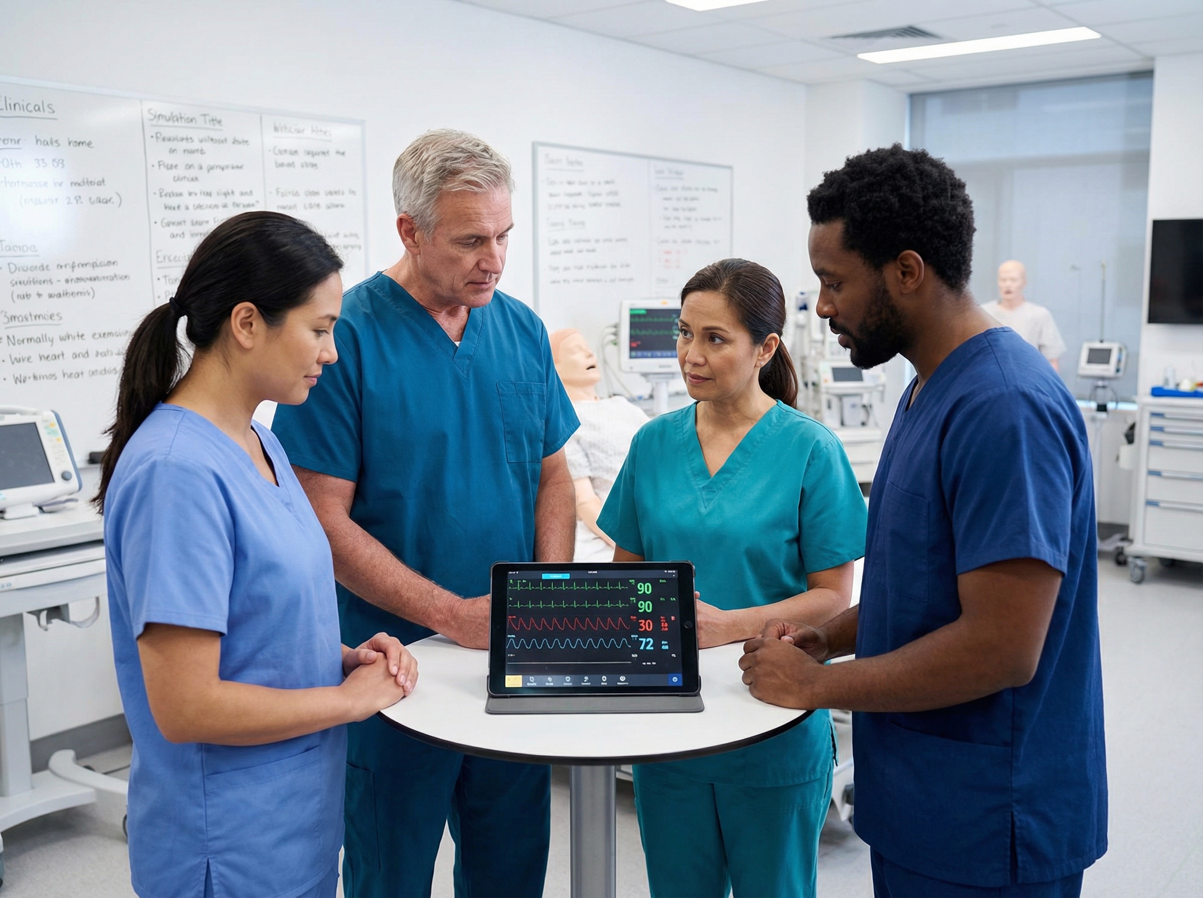 Healthcare team reviewing real-time cardiac wearable monitoring data on a tablet in a clinical setting