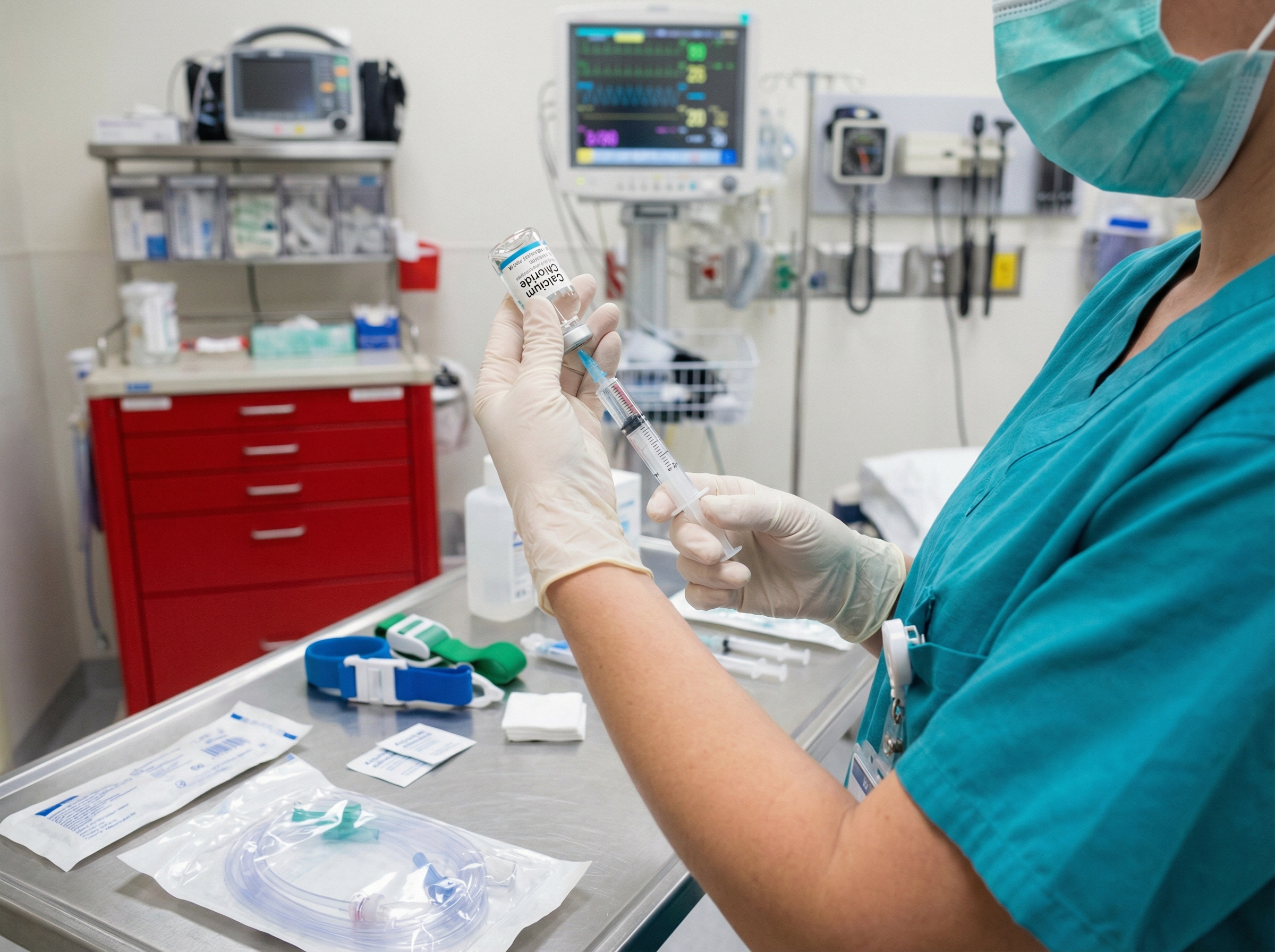 Nurse preparing calcium chloride injection for hyperkalemia emergency treatment in resuscitation bay