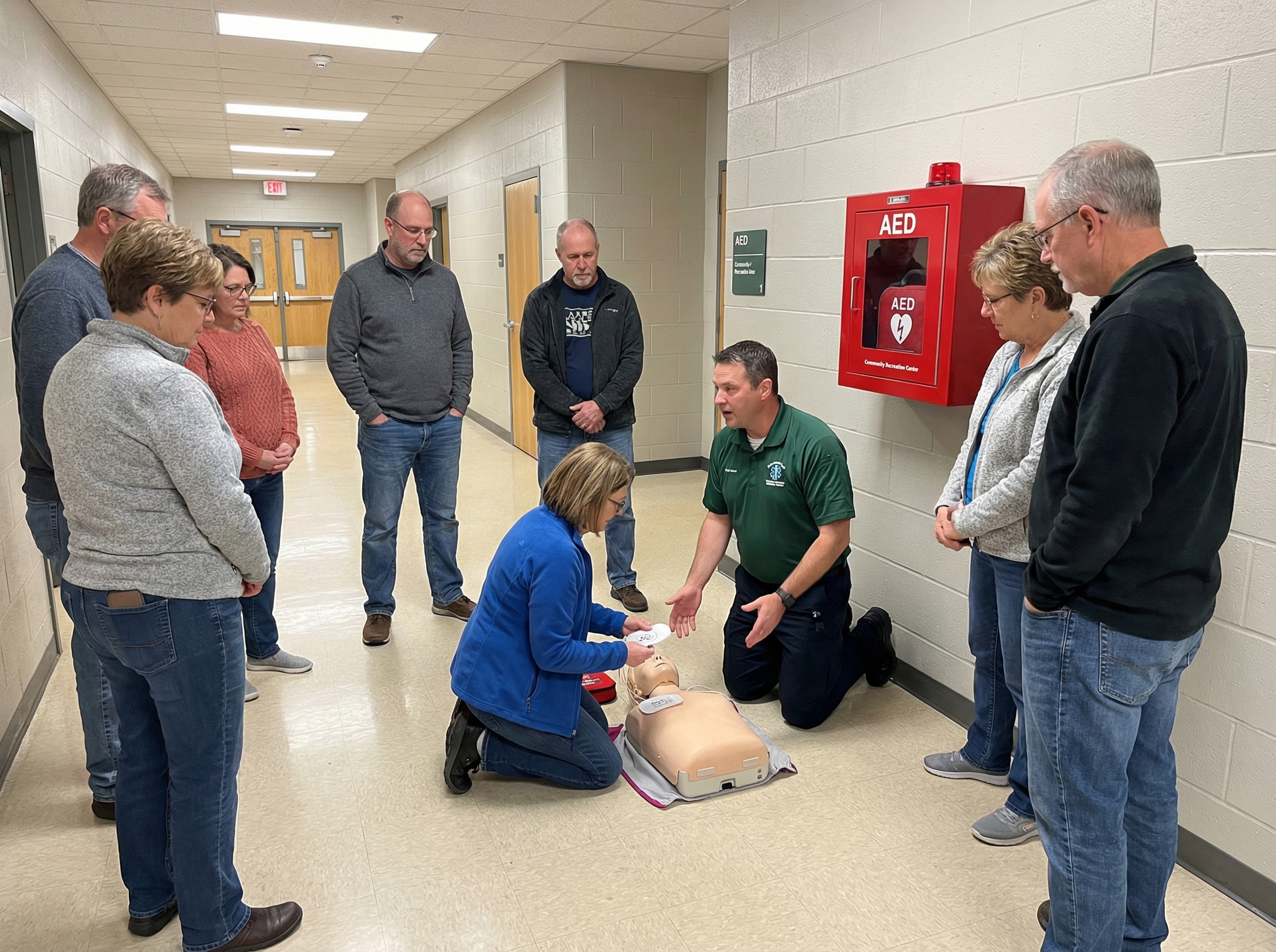 Community members learning to use an AED at a neighborhood public access defibrillation training session
