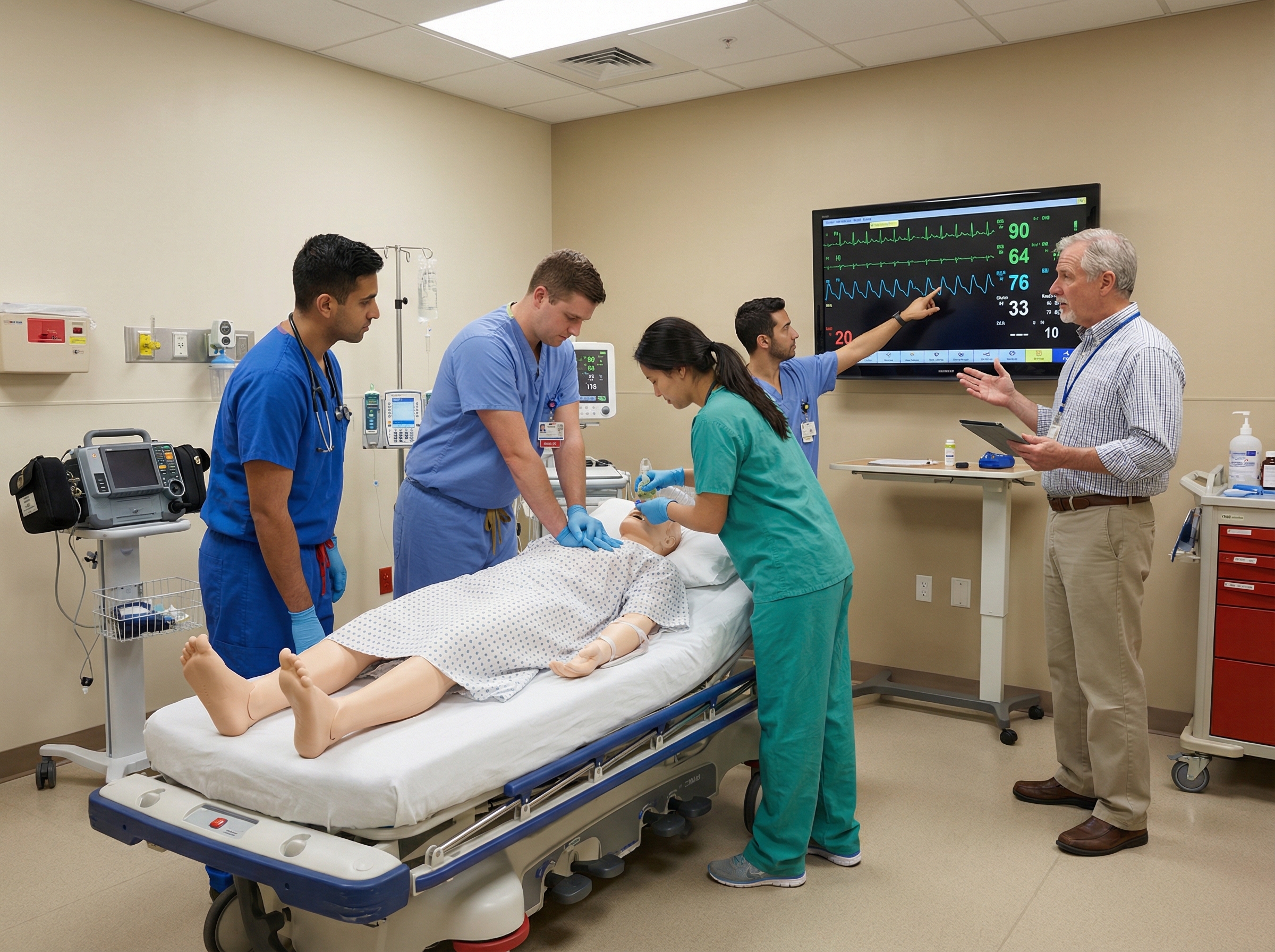 Residents practicing ACLS code leadership in a high-fidelity simulation lab