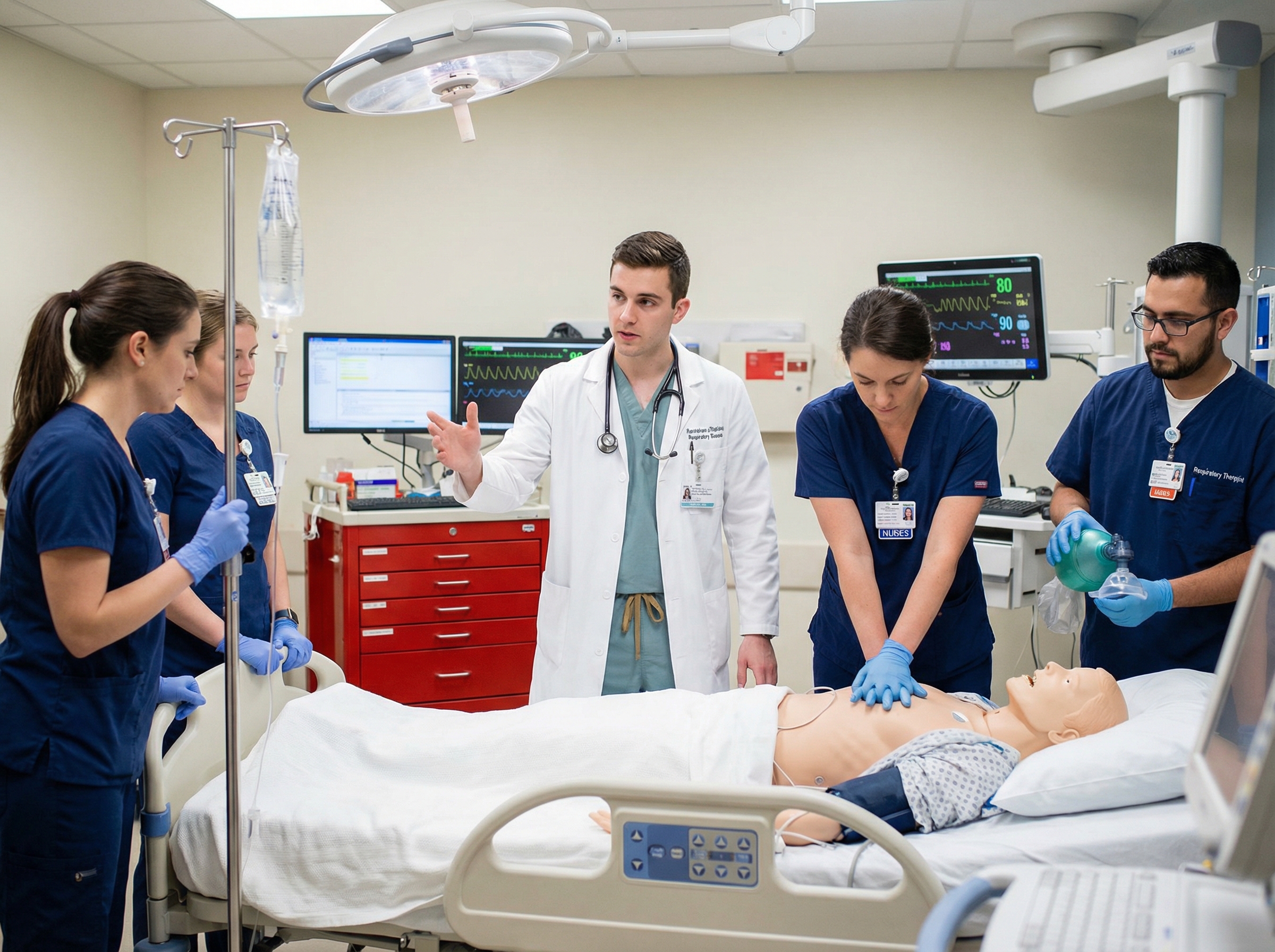 First-year resident leading a code blue resuscitation team in a hospital setting