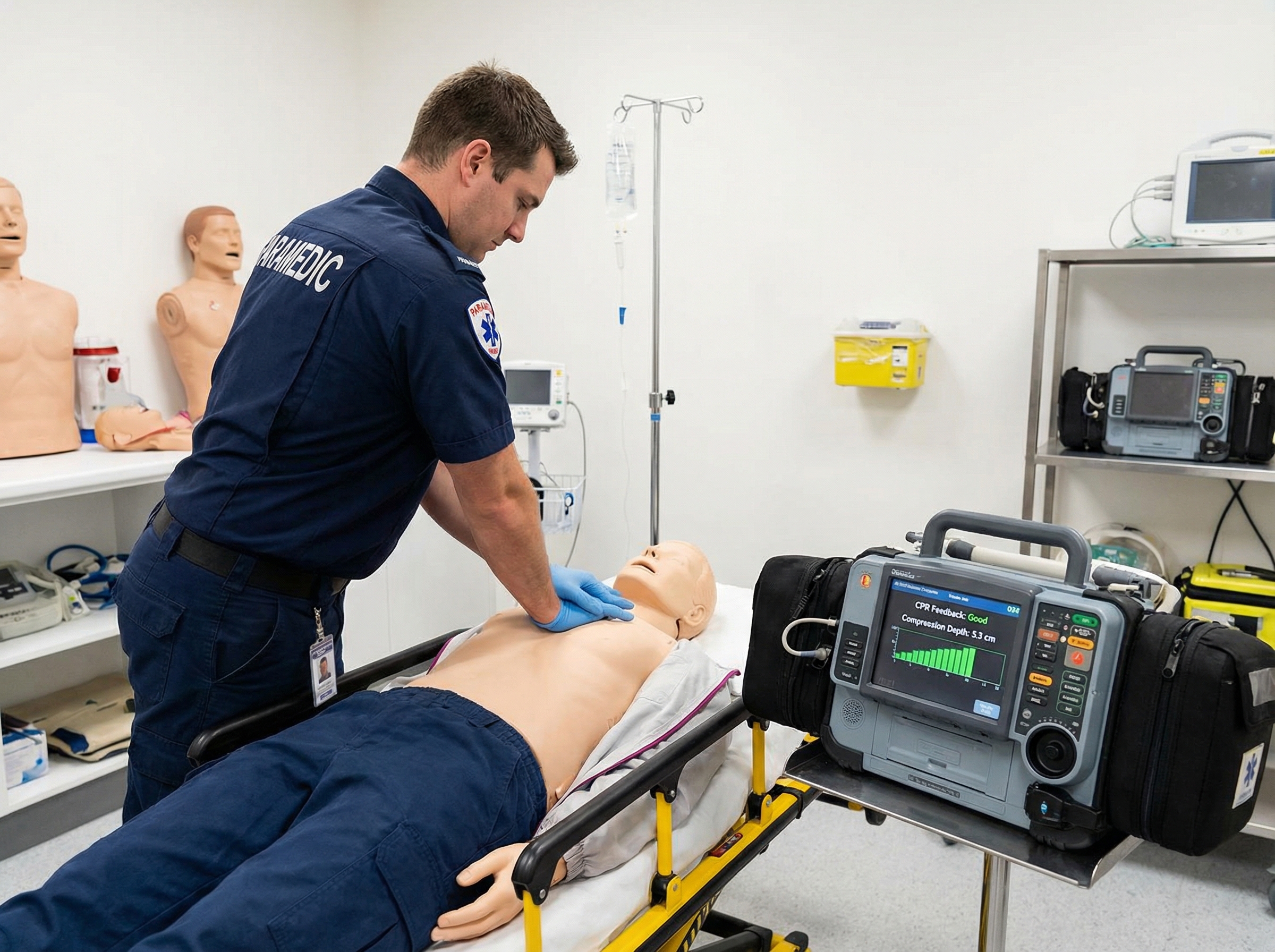 Paramedic performing CPR with real-time AI feedback displayed on defibrillator showing compression quality metrics