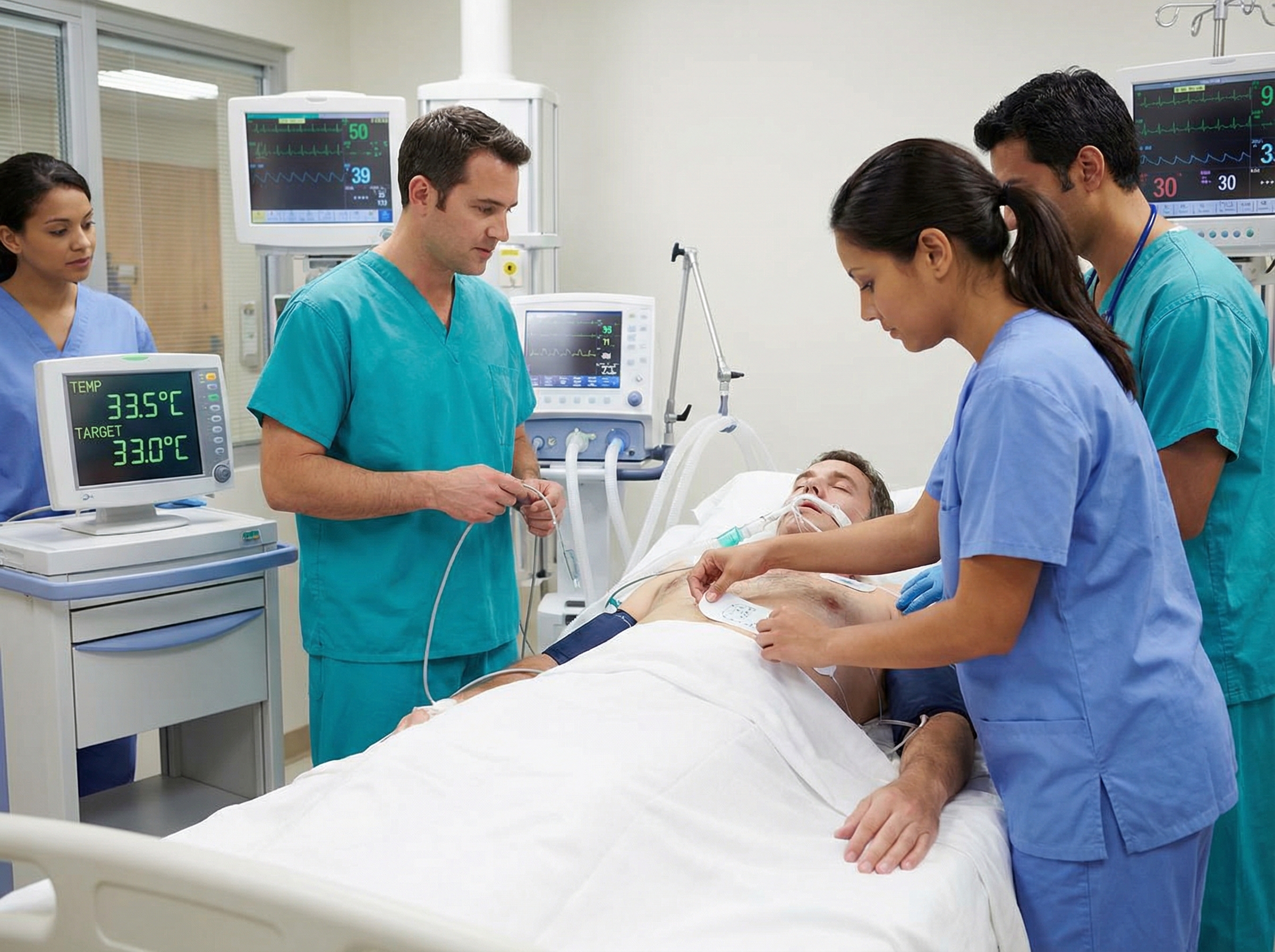 ICU clinical team applying targeted temperature management cooling pads to a post-cardiac arrest patient in the intensive care unit