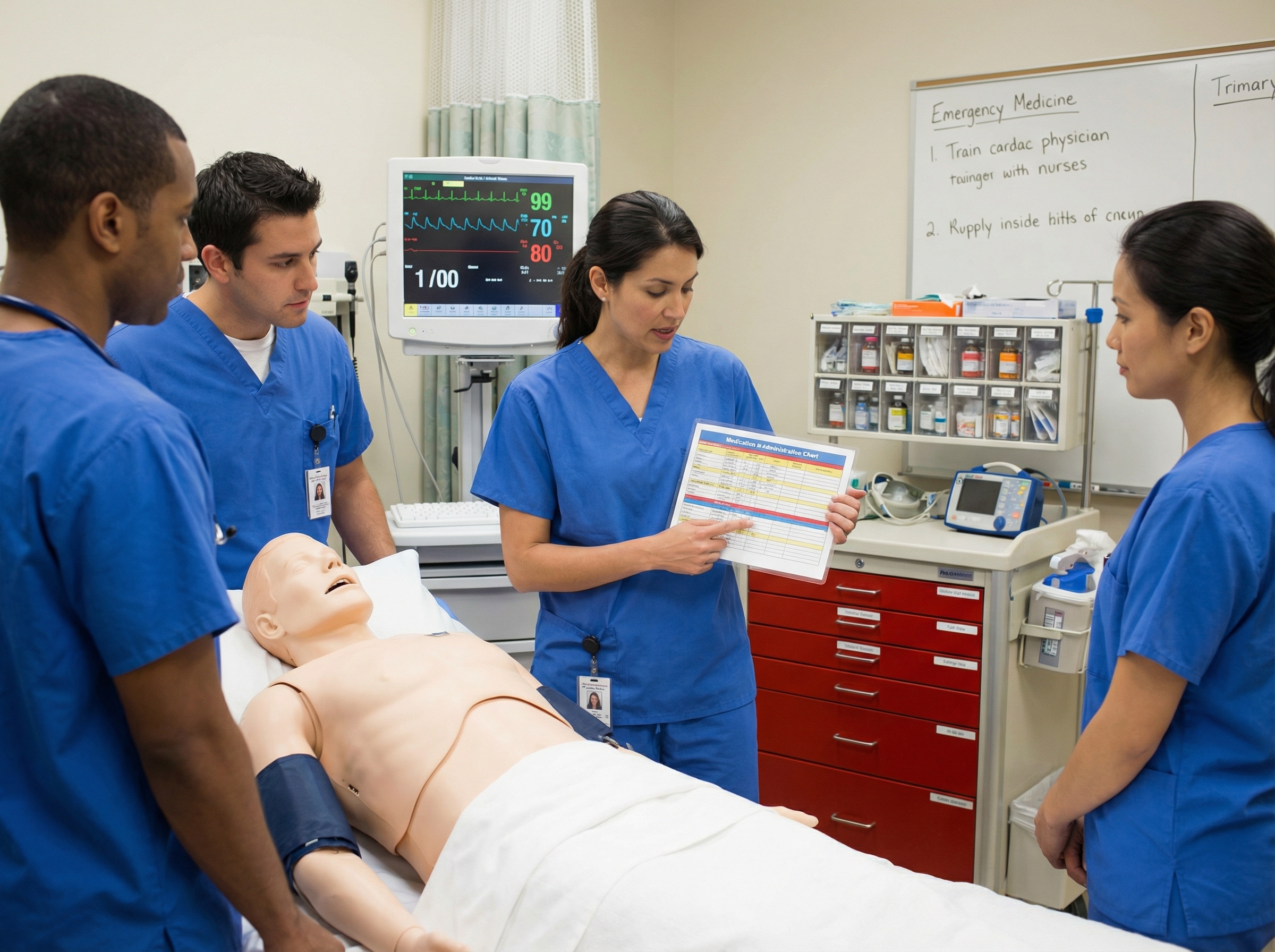 Emergency medicine team reviewing ACLS medication protocols during cardiac arrest simulation training