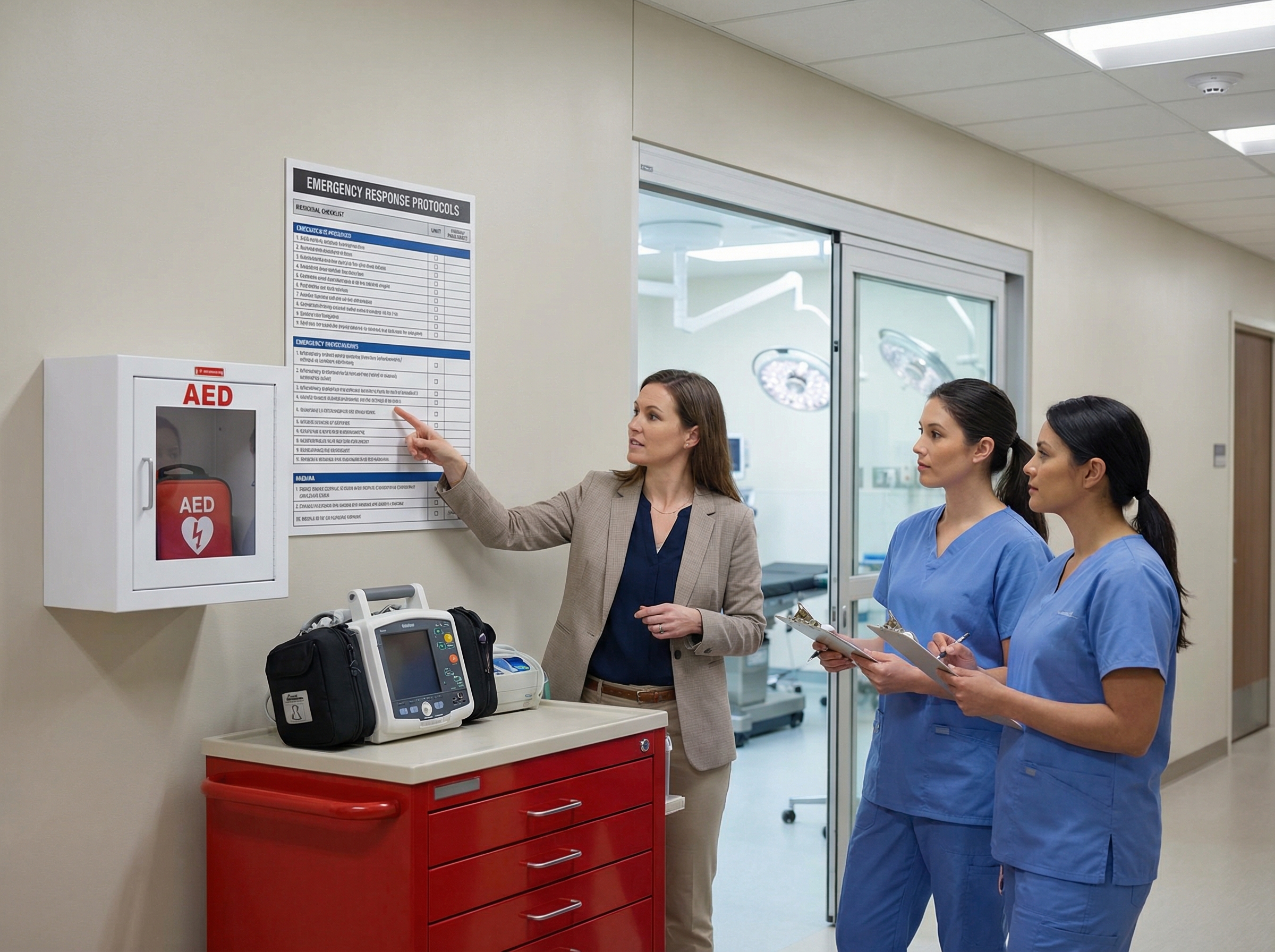 Ophthalmology surgery center staff reviewing emergency equipment and response protocols at crash cart location
