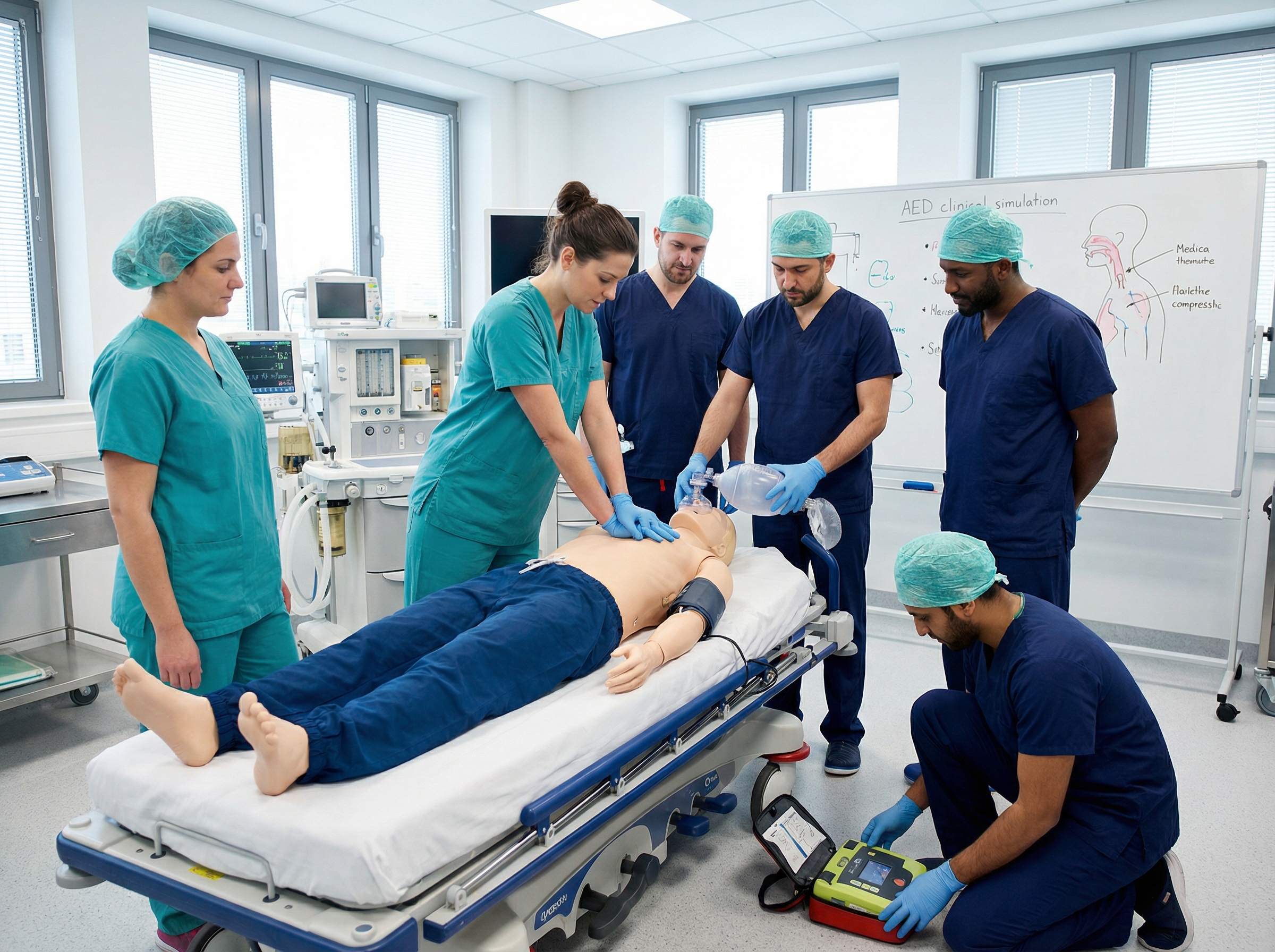 Ophthalmology ASC staff team practicing BLS emergency response including CPR and AED use on a training mannequin