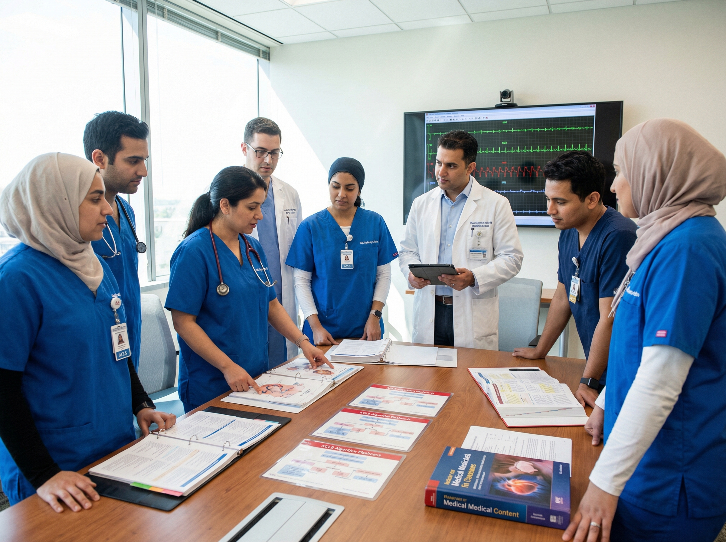 Internationally trained healthcare professionals reviewing ACLS certification materials in a US hospital training room