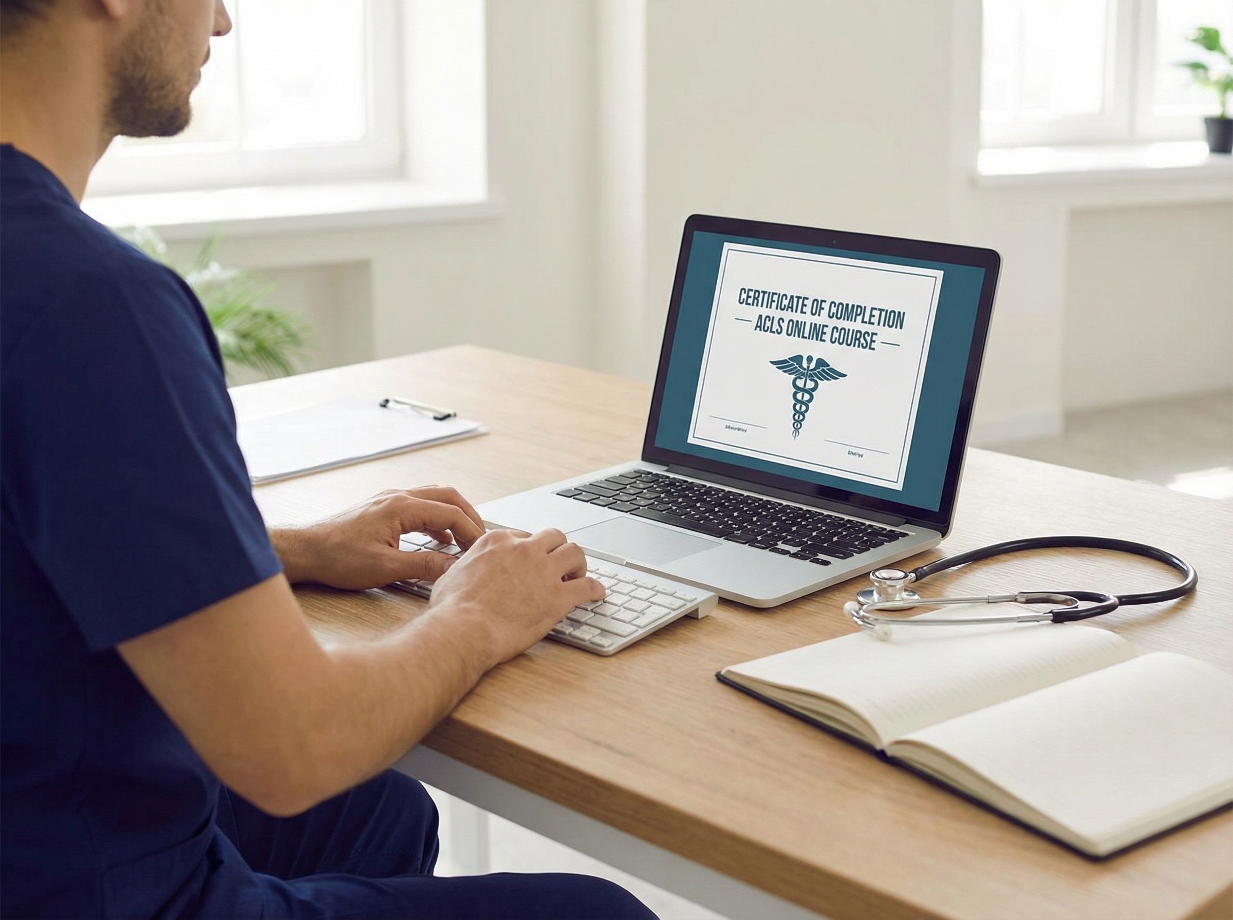 Healthcare professional completing online ACLS certification course on laptop with digital certificate displayed on screen