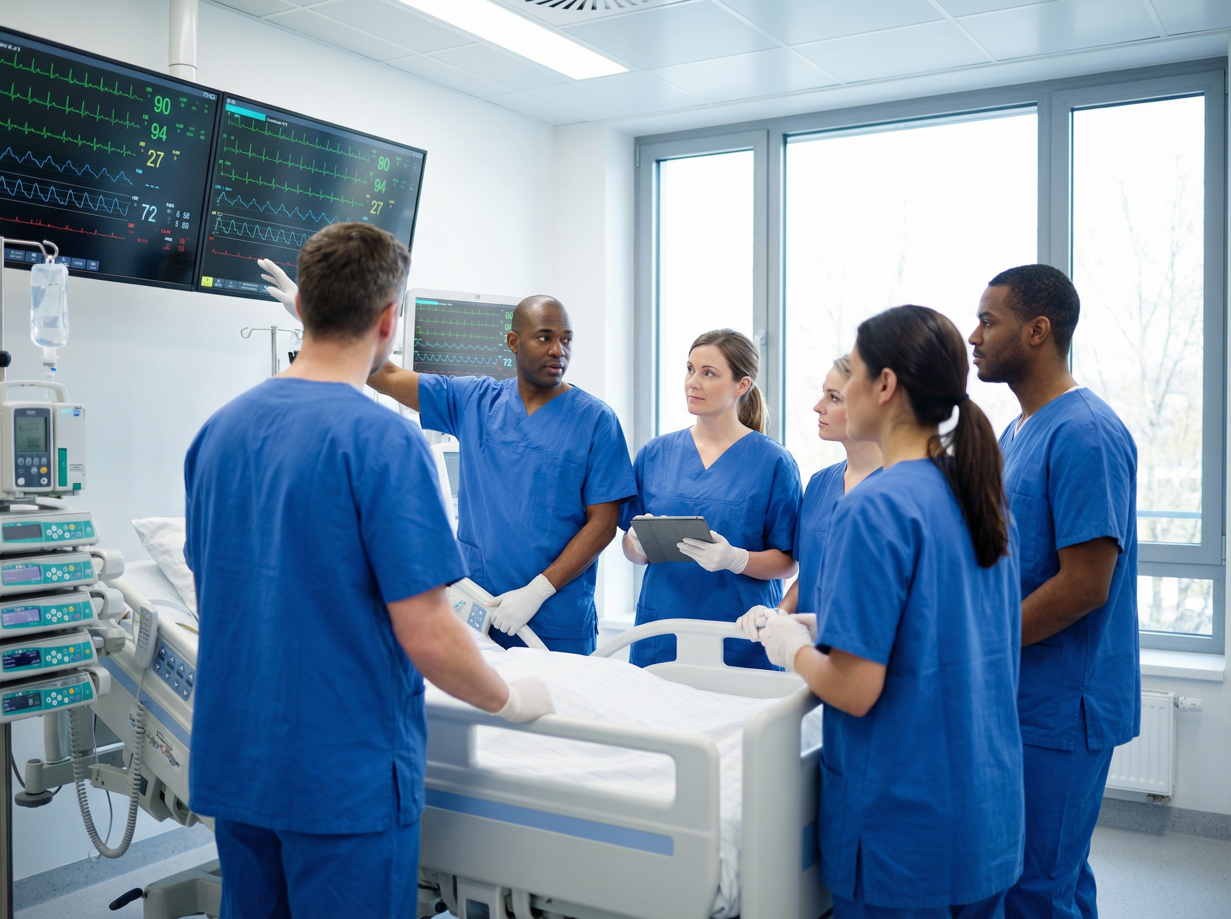 Transplant team reviewing cardiac monitoring in transplant ICU