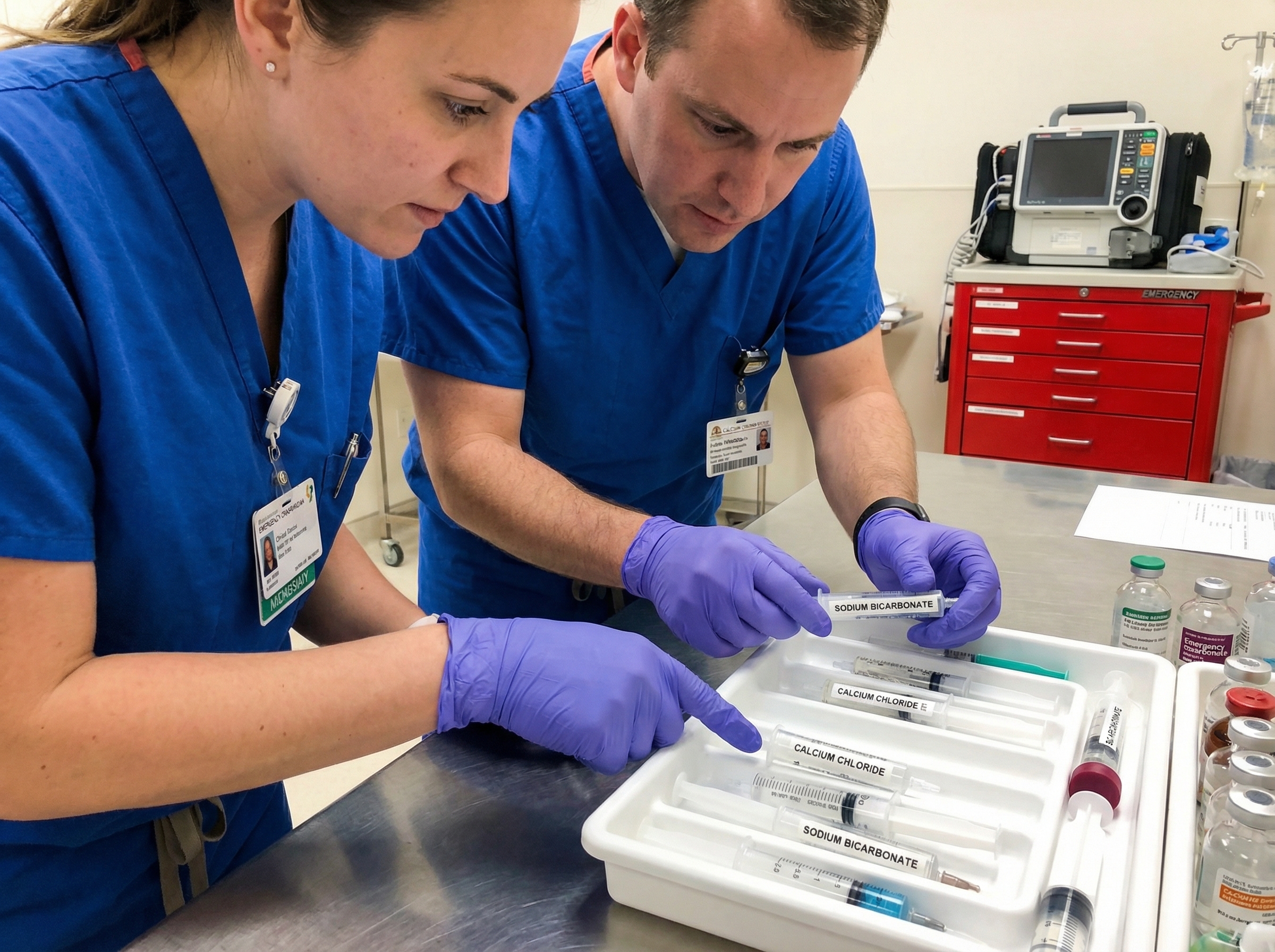 Clinical team reviewing ACLS medications including calcium chloride and sodium bicarbonate for burn patient cardiac arrest management