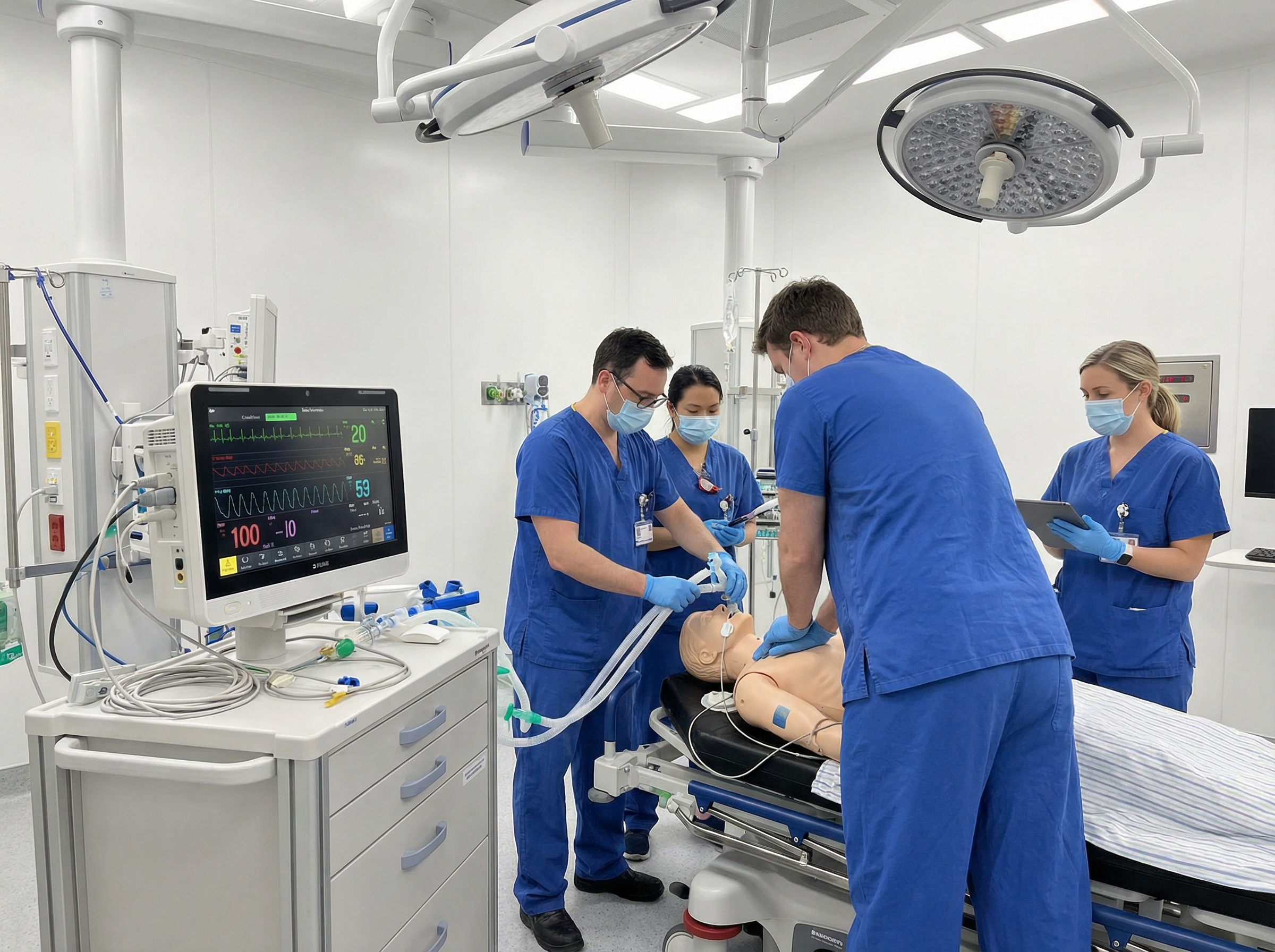 Healthcare team performing advanced cardiac resuscitation in a burn unit trauma bay