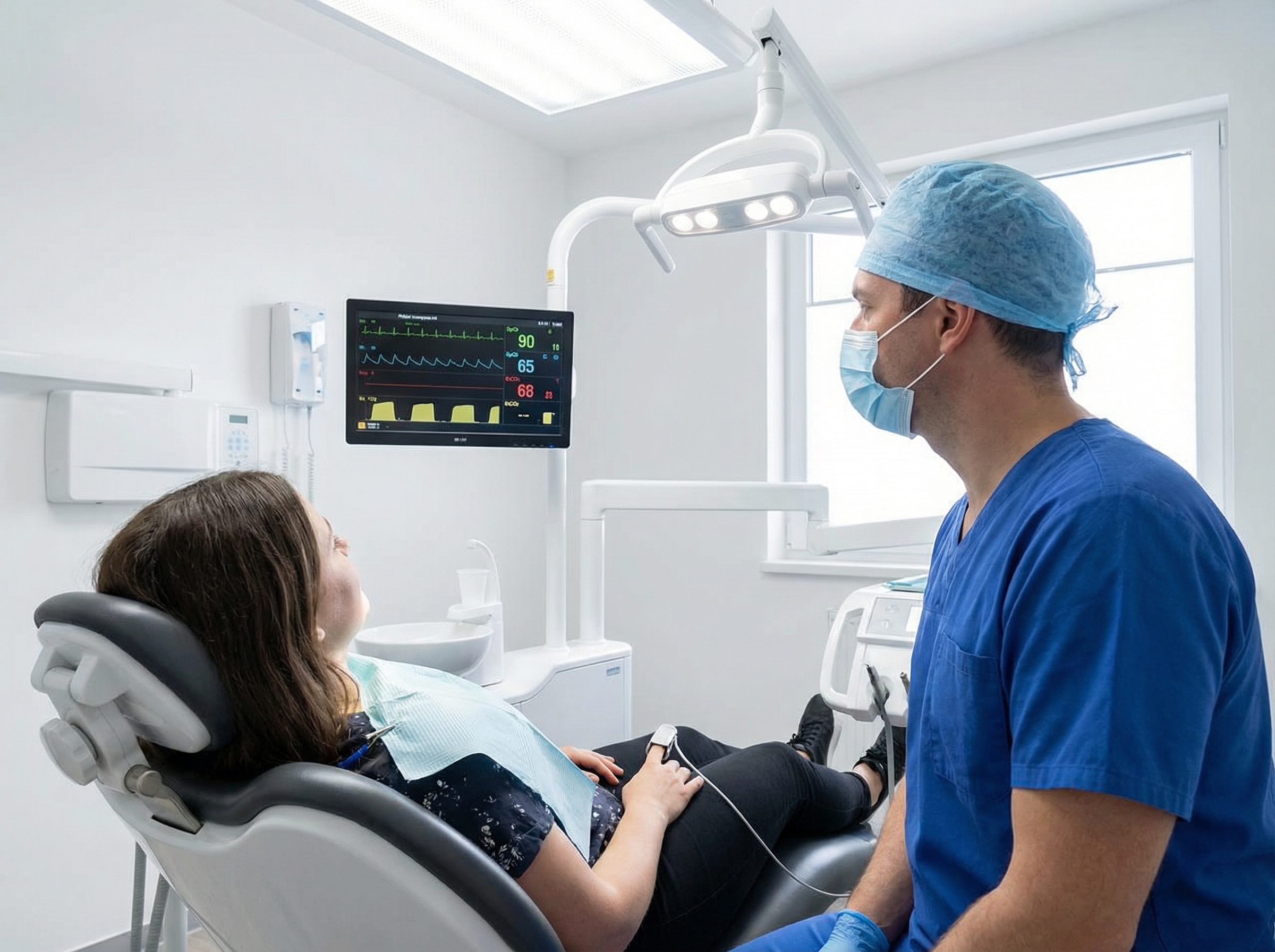 Dentist monitoring patient vital signs during sedation procedure in dental office