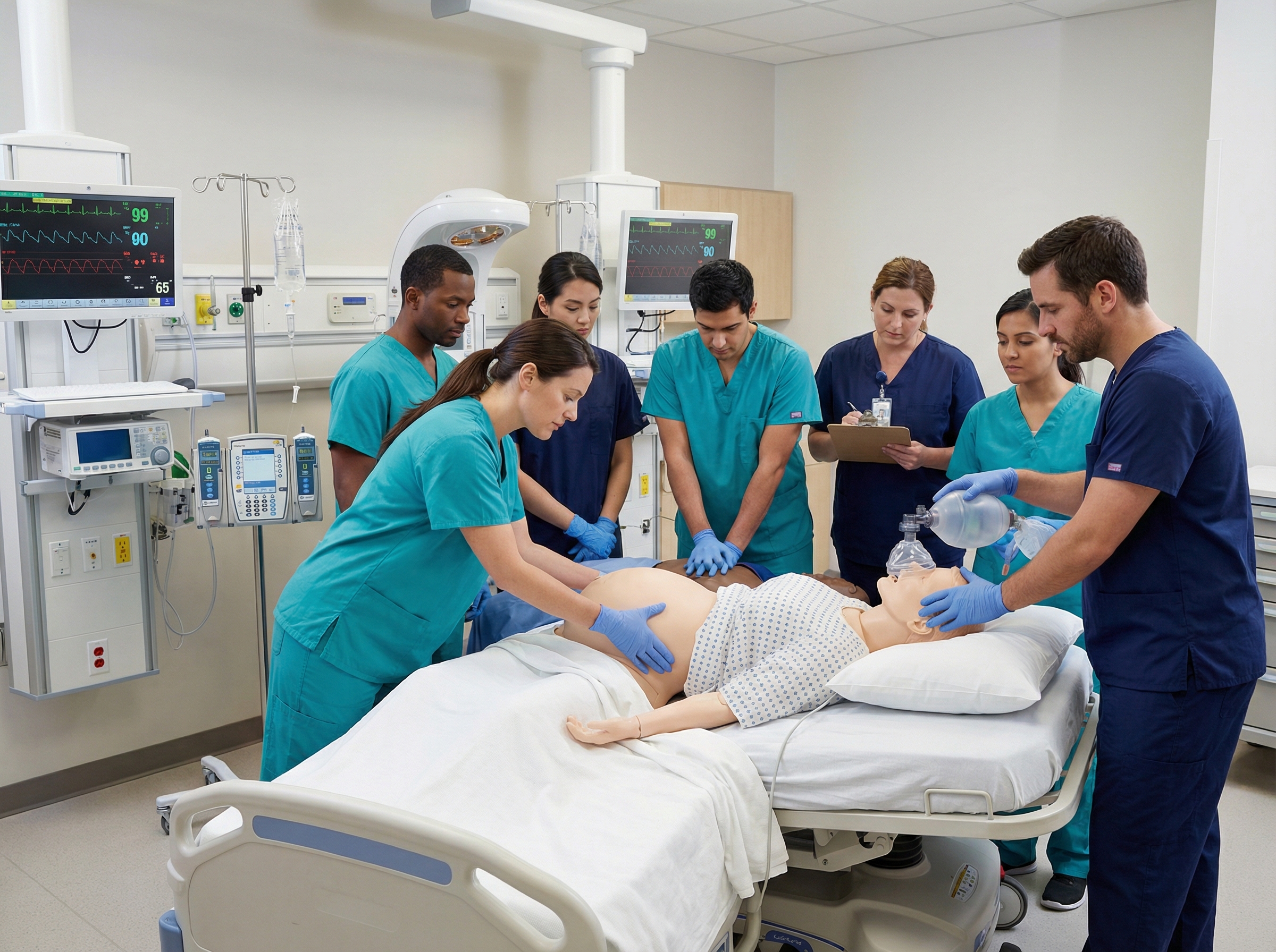 OB nursing team performing modified CPR with left uterine displacement on a maternal cardiac arrest simulation mannequin in a labor and delivery room