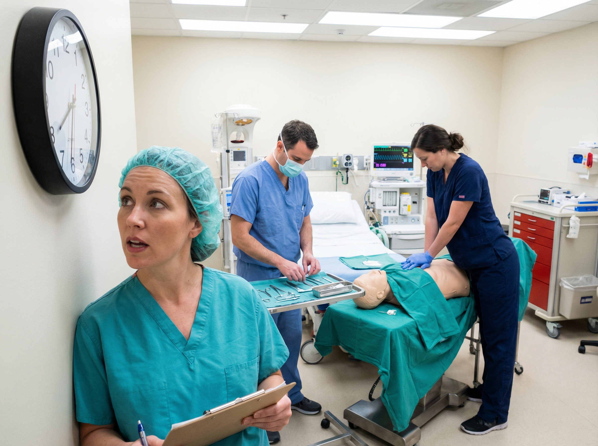 OB emergency team coordinating perimortem cesarean delivery response with a timekeeper nurse and resuscitation team during a maternal code simulation drill