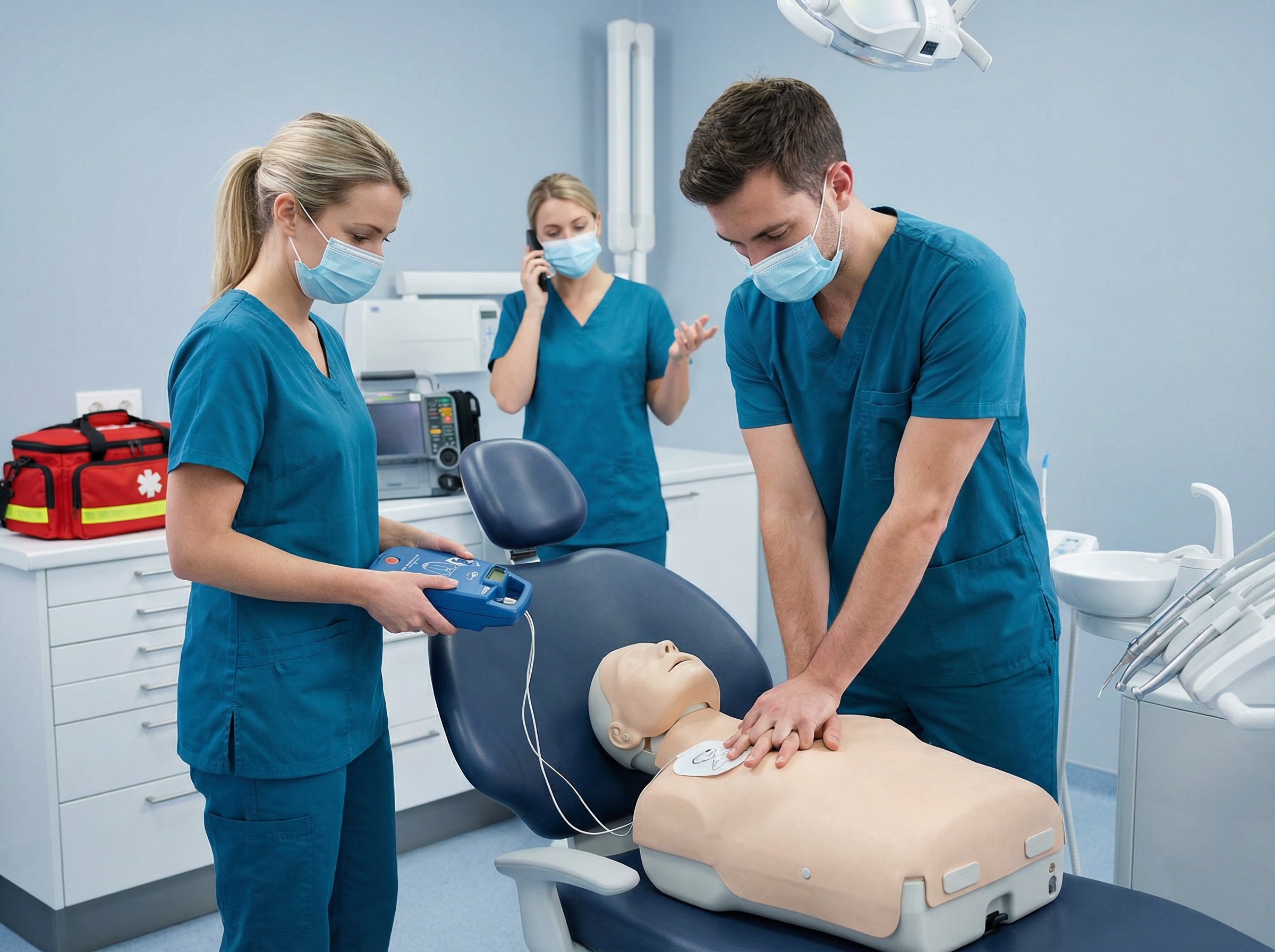 Dental team practicing cardiac arrest emergency drill with CPR and AED in operatory