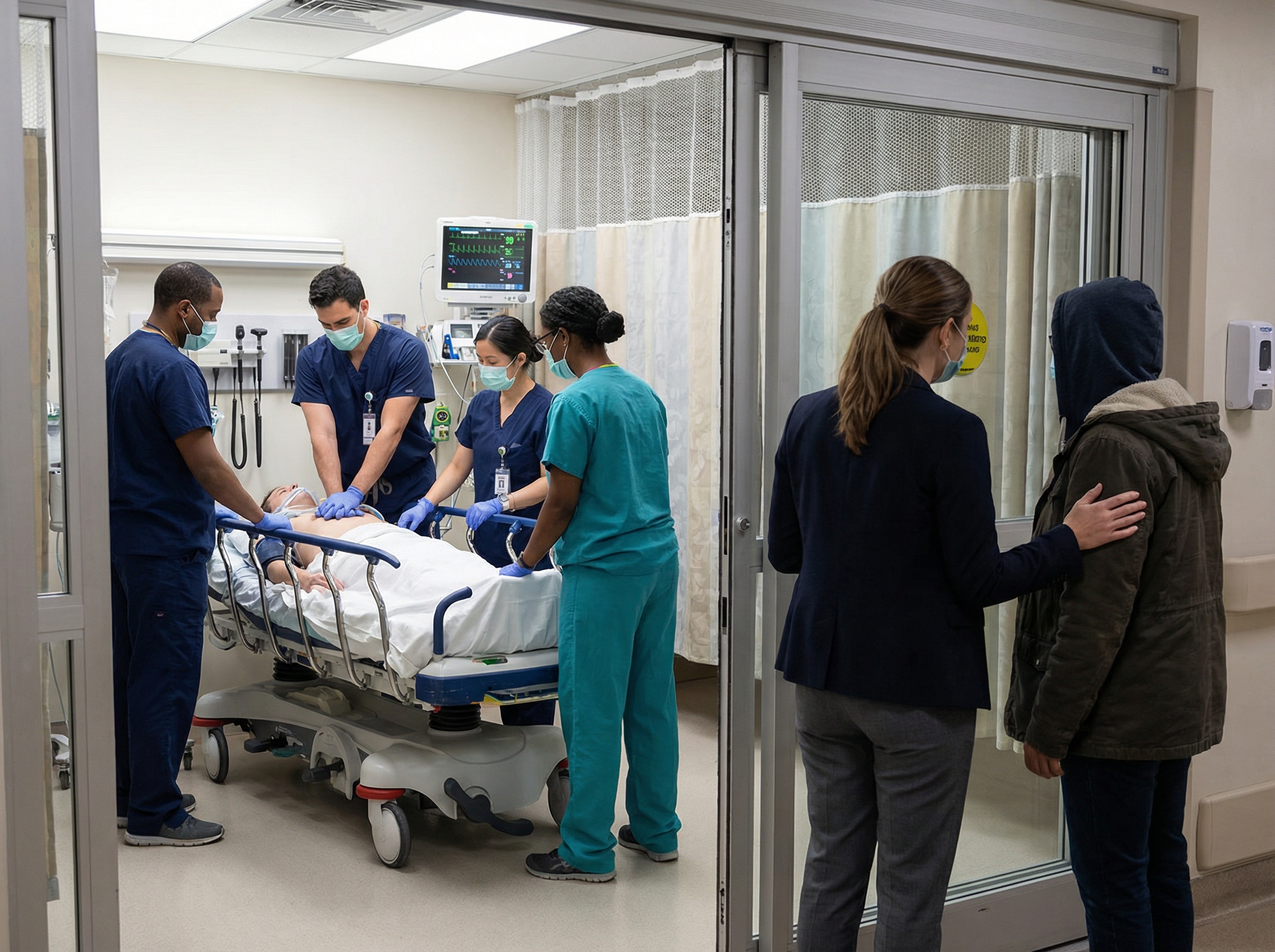 Resuscitation team performing CPR while a family facilitator supports a family member observing from the doorway