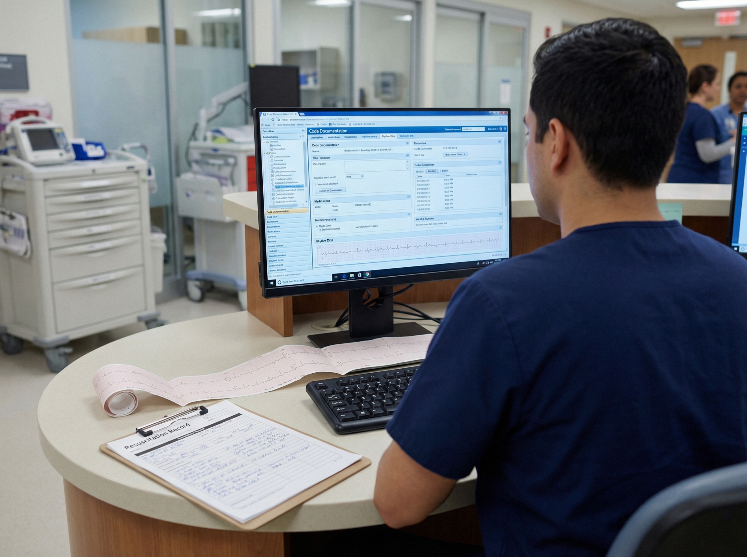 Nurse reviewing electronic health record code documentation module after resuscitation event