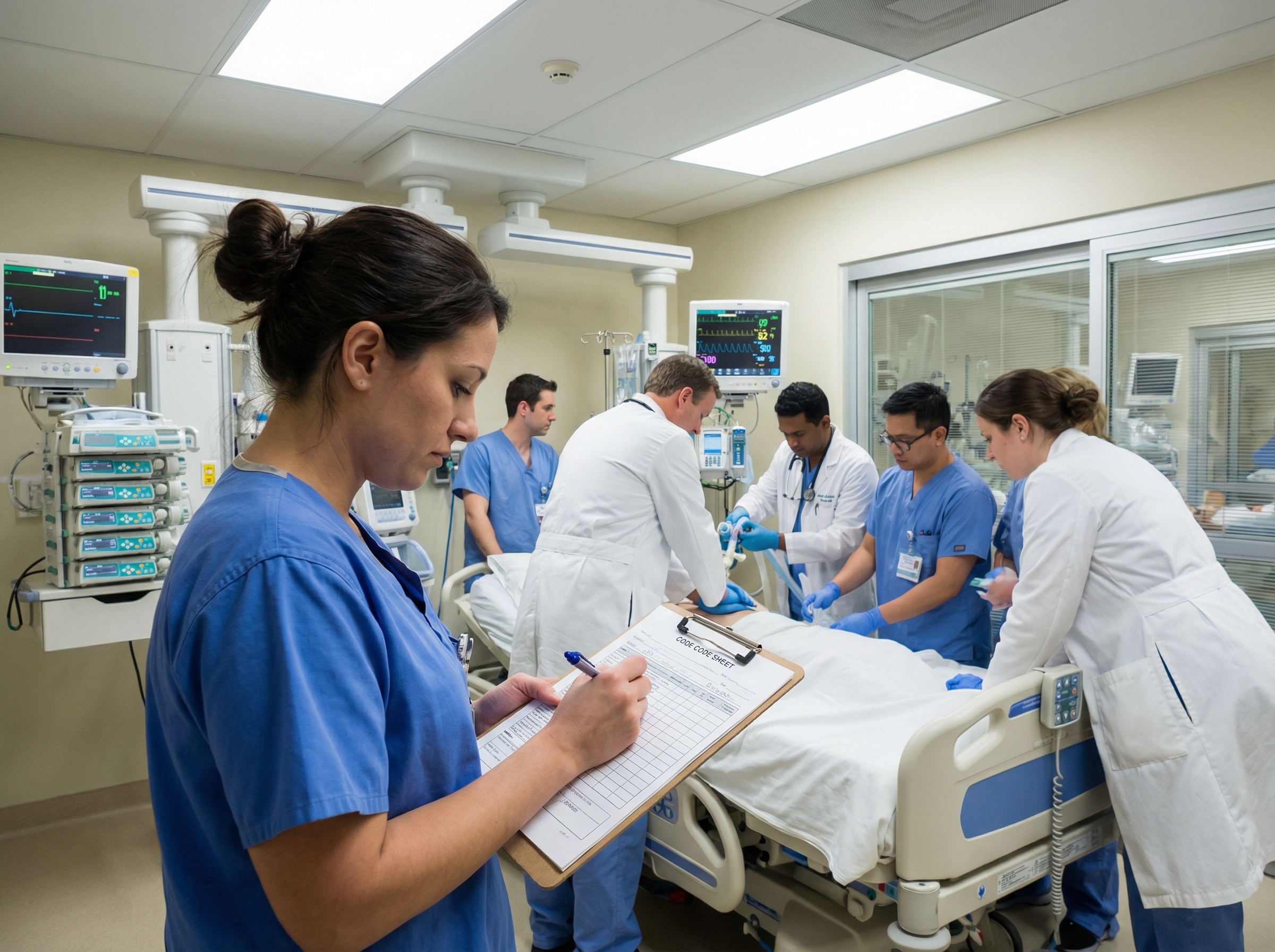 Code blue team responding to cardiac arrest while nurse documents resuscitation details on code sheet