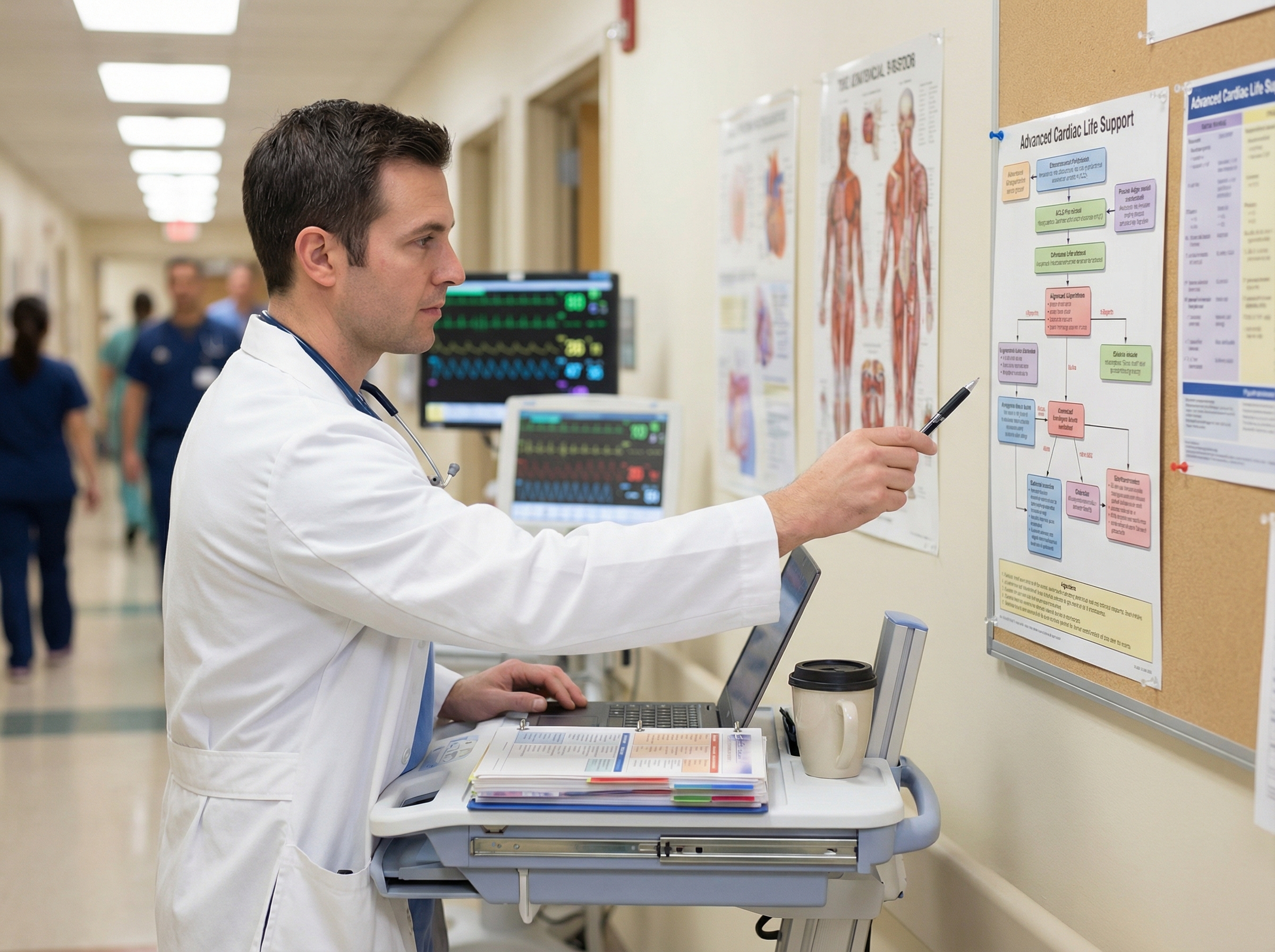 Emergency physician reviewing ACLS algorithm flowcharts with highlighted mnemonics at a hospital workstation