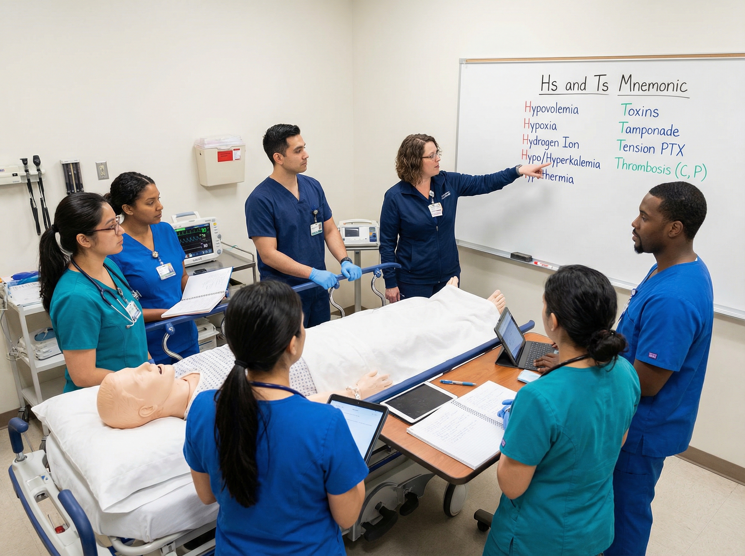 Healthcare team reviewing Hs and Ts mnemonic on whiteboard during ACLS simulation training debrief