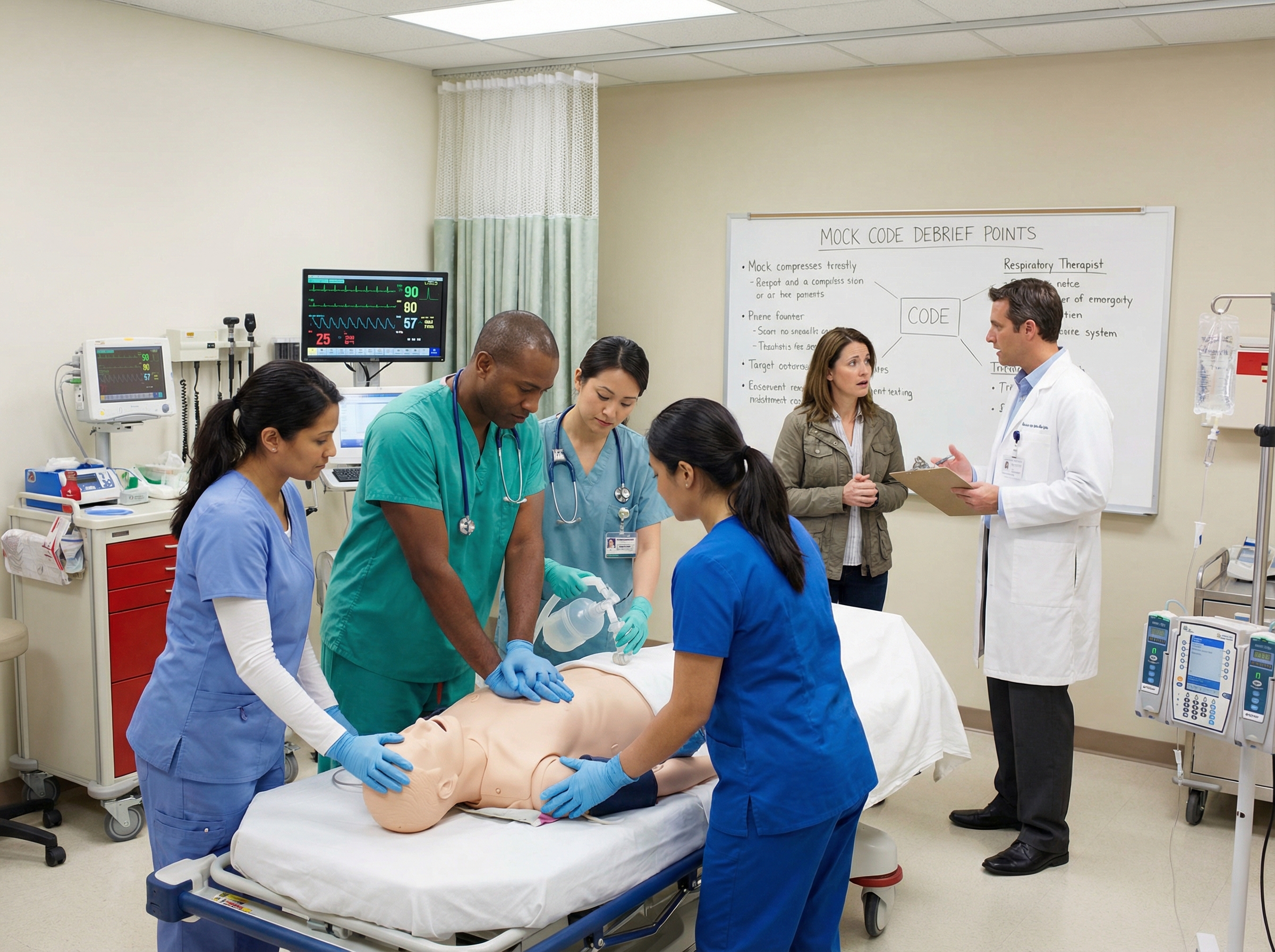 Healthcare team practicing mock code simulation with family presence facilitator scenario in a training room