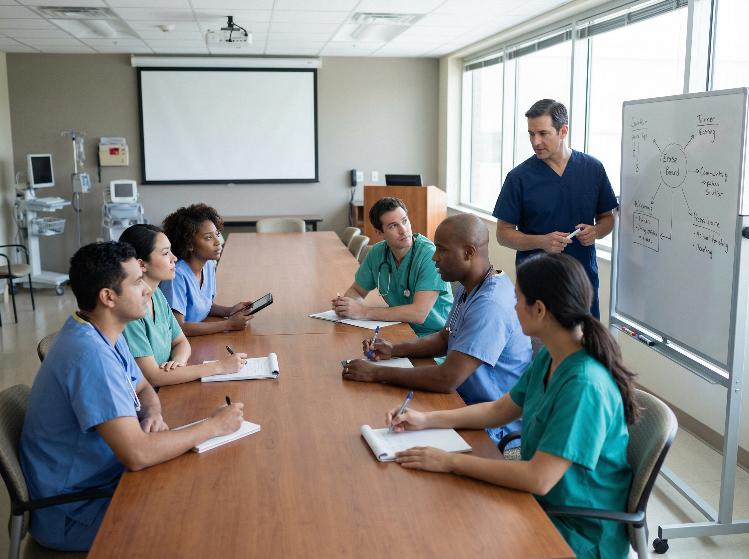 Diverse medical team conducting post-resuscitation debriefing discussion in hospital conference room