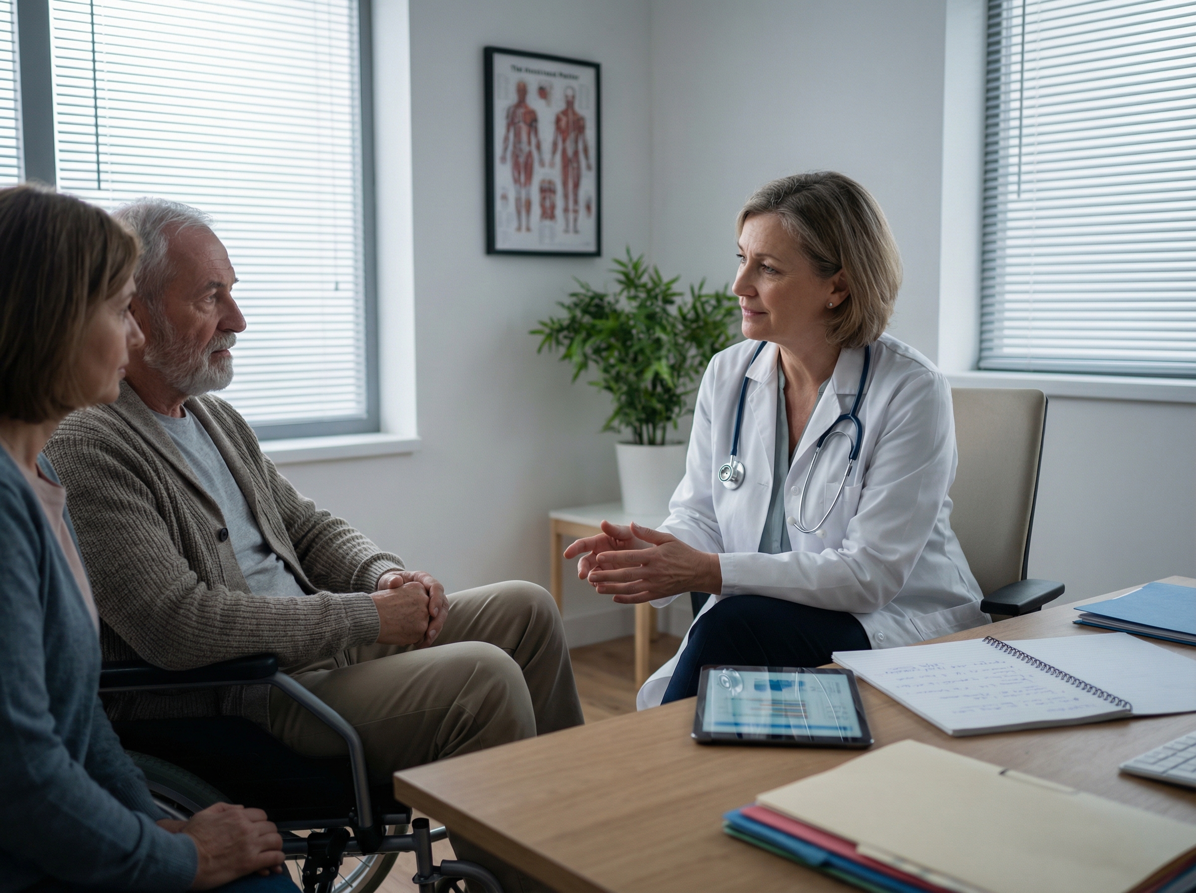Healthcare provider having a sensitive end-of-life care conversation with patient and family member