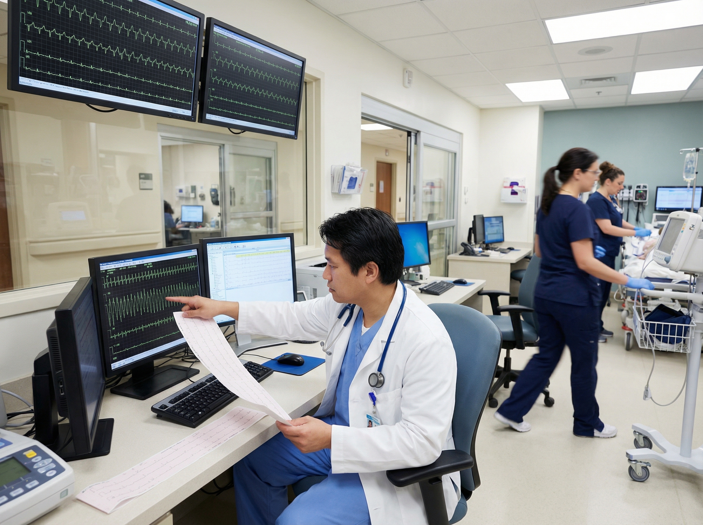 Emergency physician reviewing cardiac monitor and ECG rhythm strips in emergency department