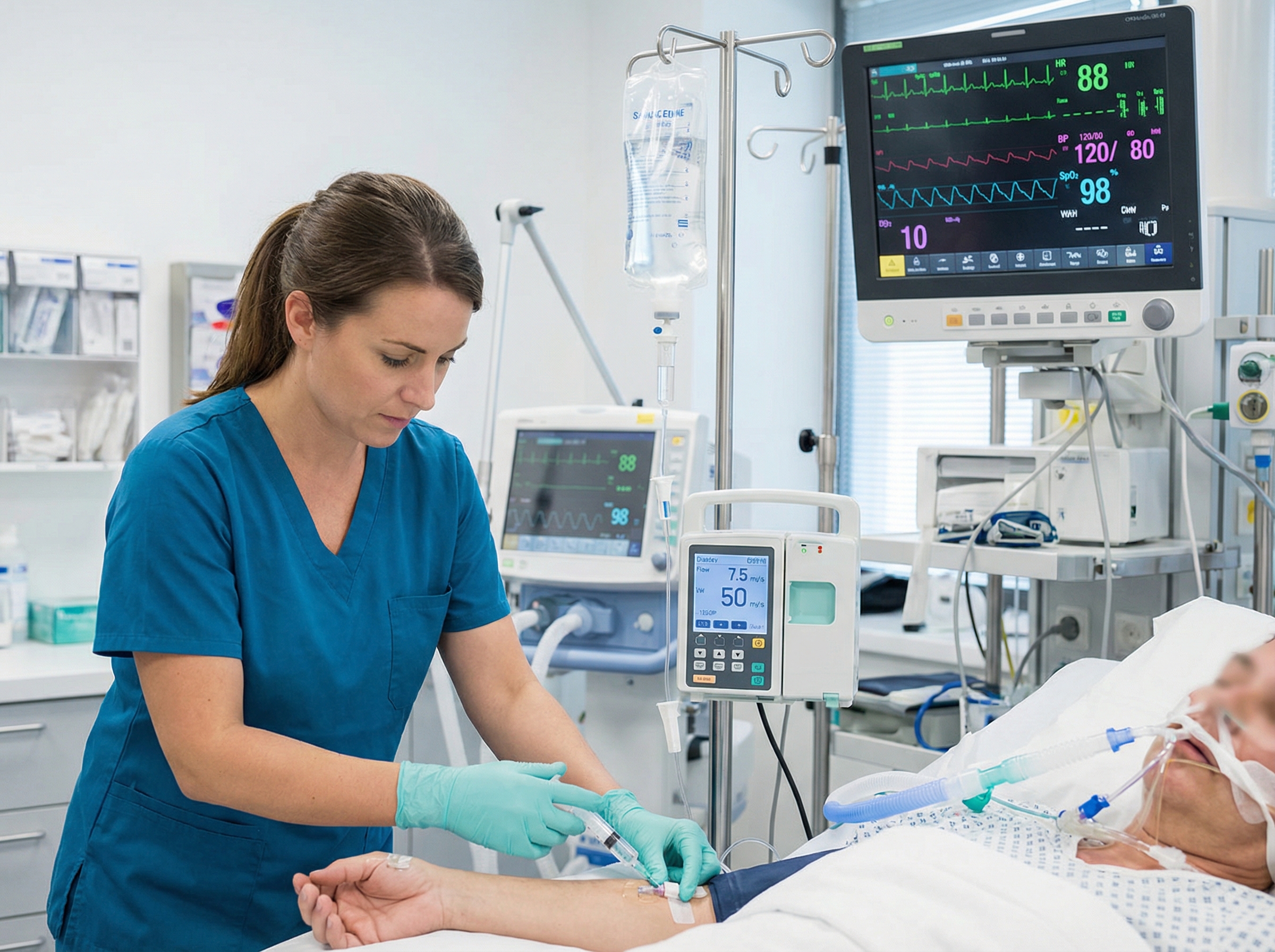 Nurse administering intravenous hydrocortisone to patient in critical care setting