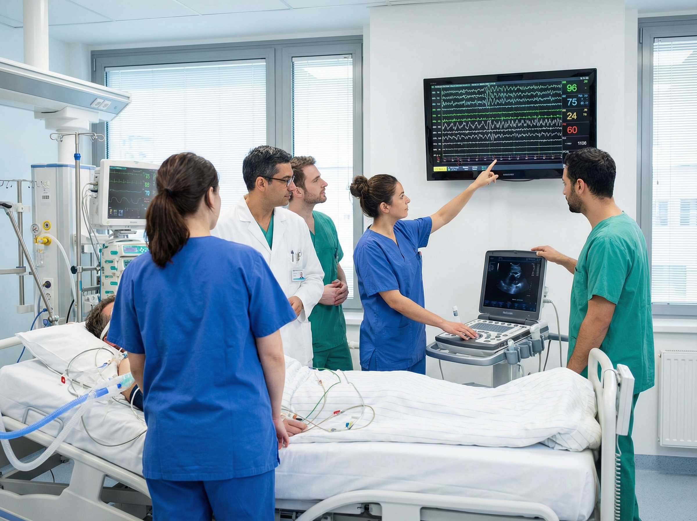 ICU medical team reviewing neurological monitoring data for a post-cardiac arrest patient