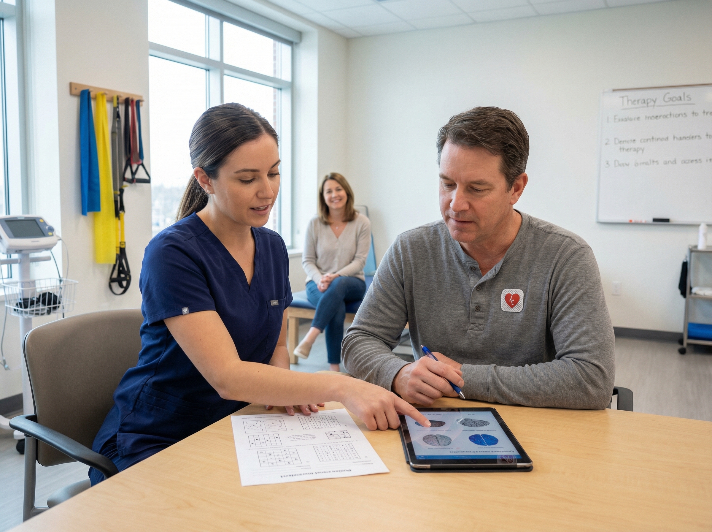 Rehabilitation therapist guiding a cardiac arrest survivor through cognitive recovery exercises