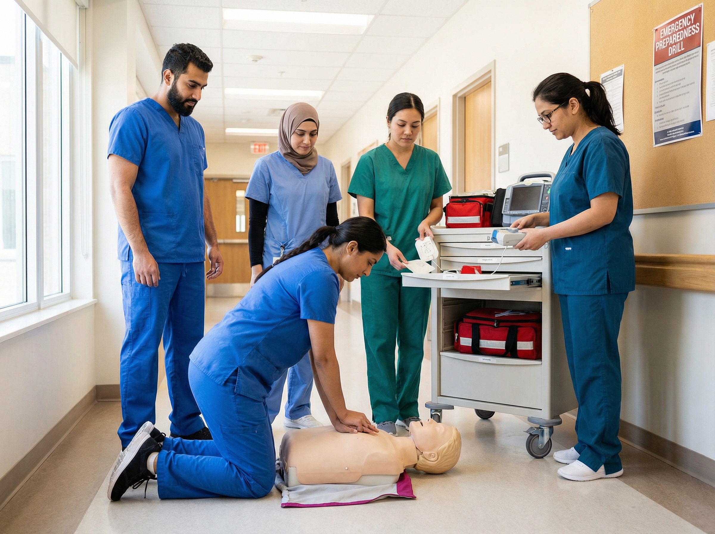 Long-term care nursing staff practicing CPR and emergency response during an ACLS preparedness drill
