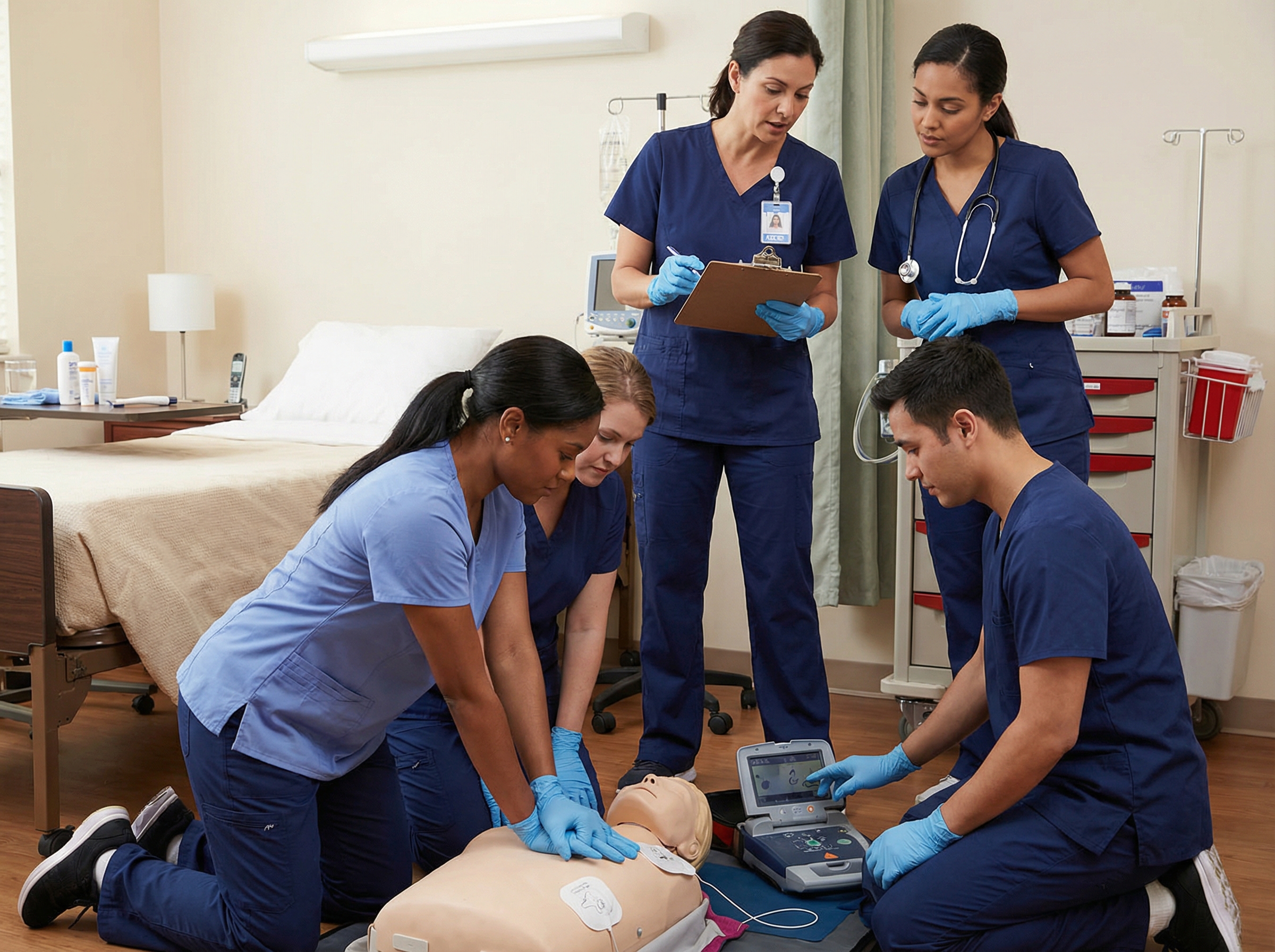Nursing home emergency response team conducting a mock code drill with team leader directing CPR and AED use