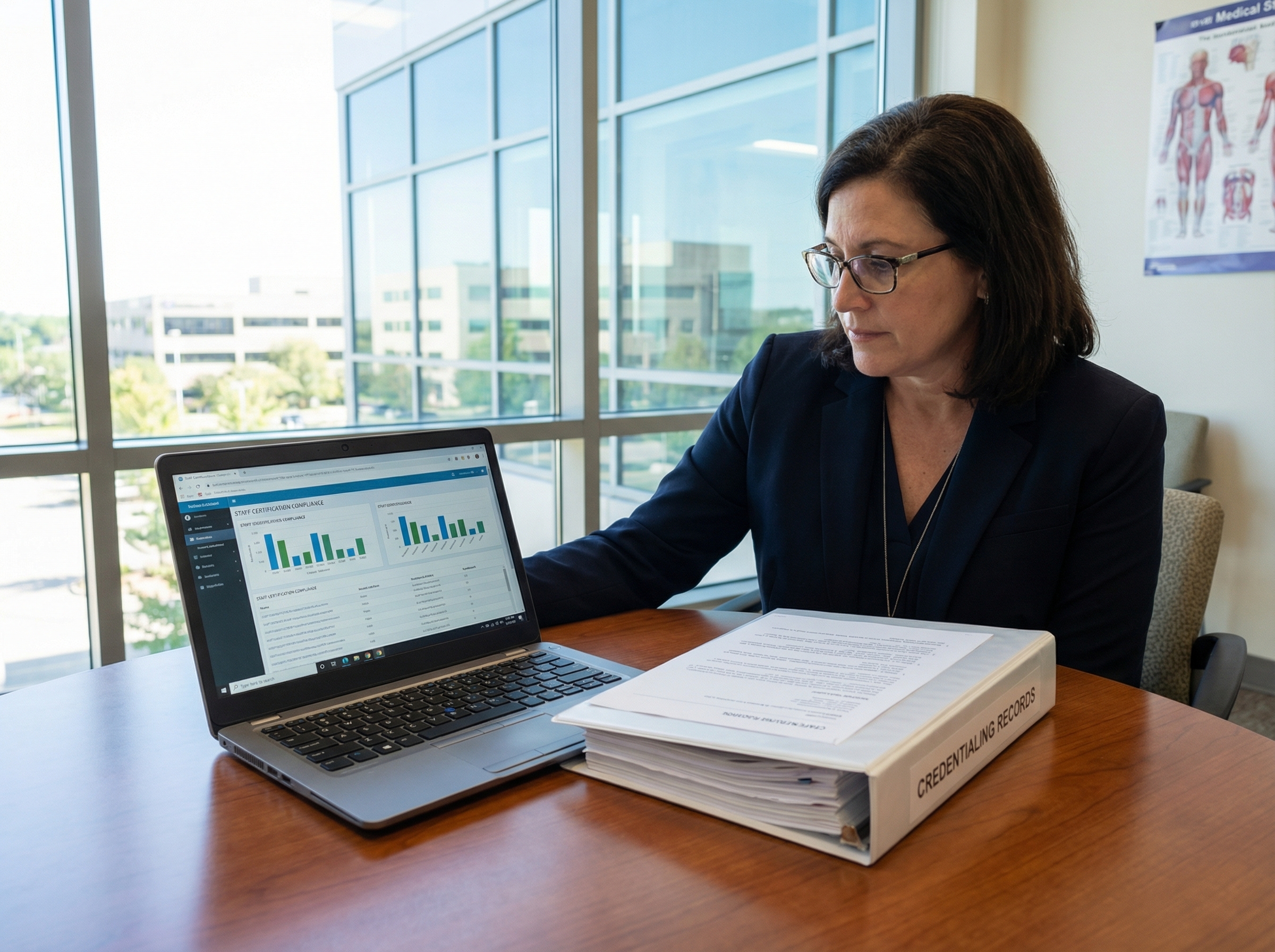 Healthcare administrator reviewing team certification compliance records on a laptop